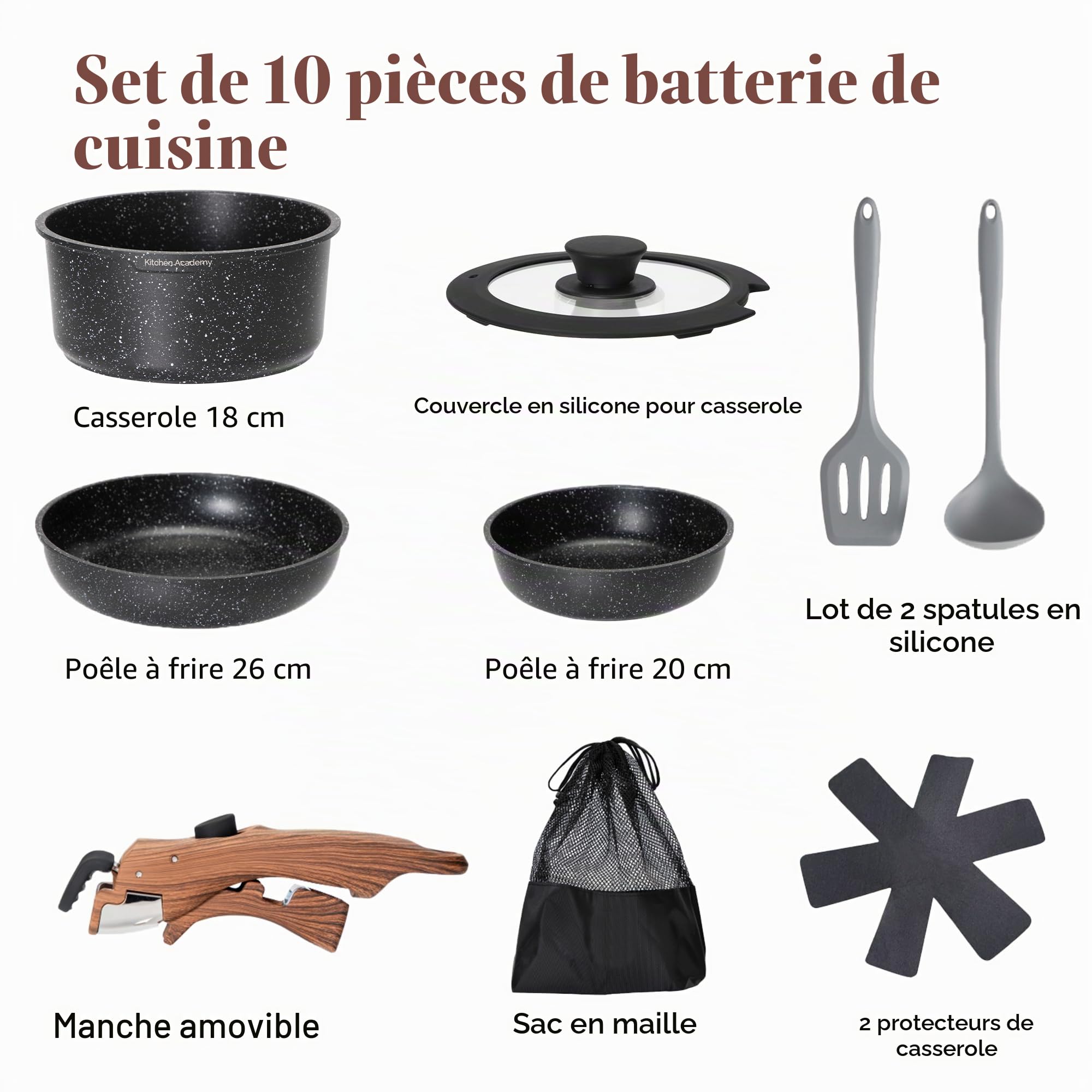 Kitchen Academy Lot de 10 Casseroles et Poêles avec Poignée Amovible, Couvercles en Verre, Revêtement Anti-adhésif Compatible Induction Noir