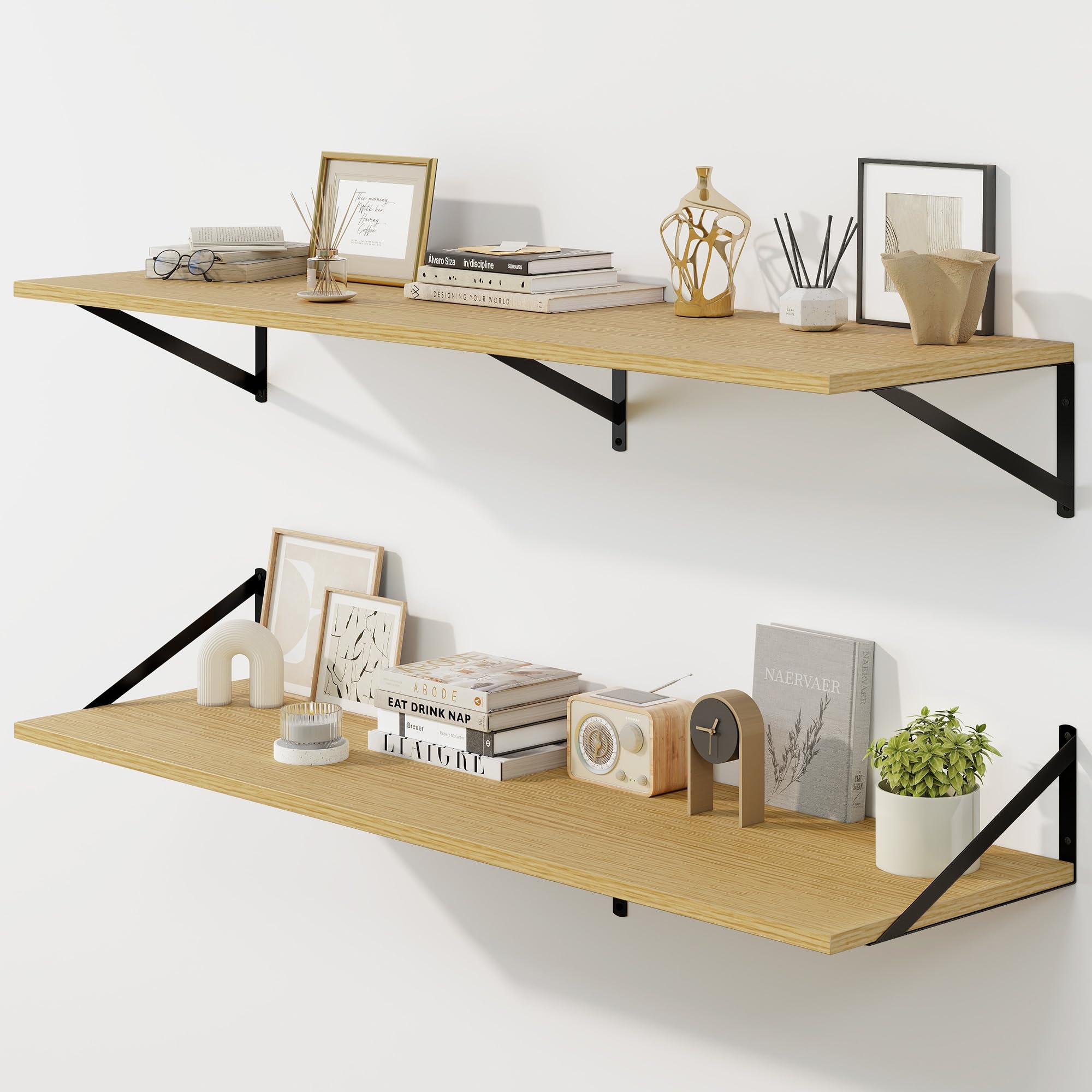 Fun Memories Floating Shelves for Wall, 30 cm Deep Floating Shelves Set of 2, 120 x 30 cm Large Wall Shelf with Sturdy Metal Brackets for Living Room, Bathroom, Bedroom and Kitchen, Oak