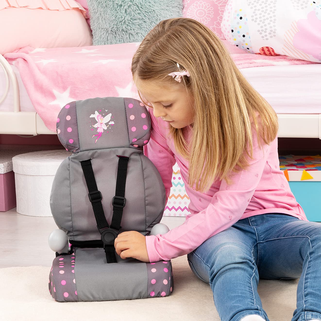 Bayer Design Siège Auto pour poupée avec accoudoirs | position assise droite grâce au dossier et à l'appui-tête, ceinture de sécurité, housse, pour poupées jusqu'à 46 cm