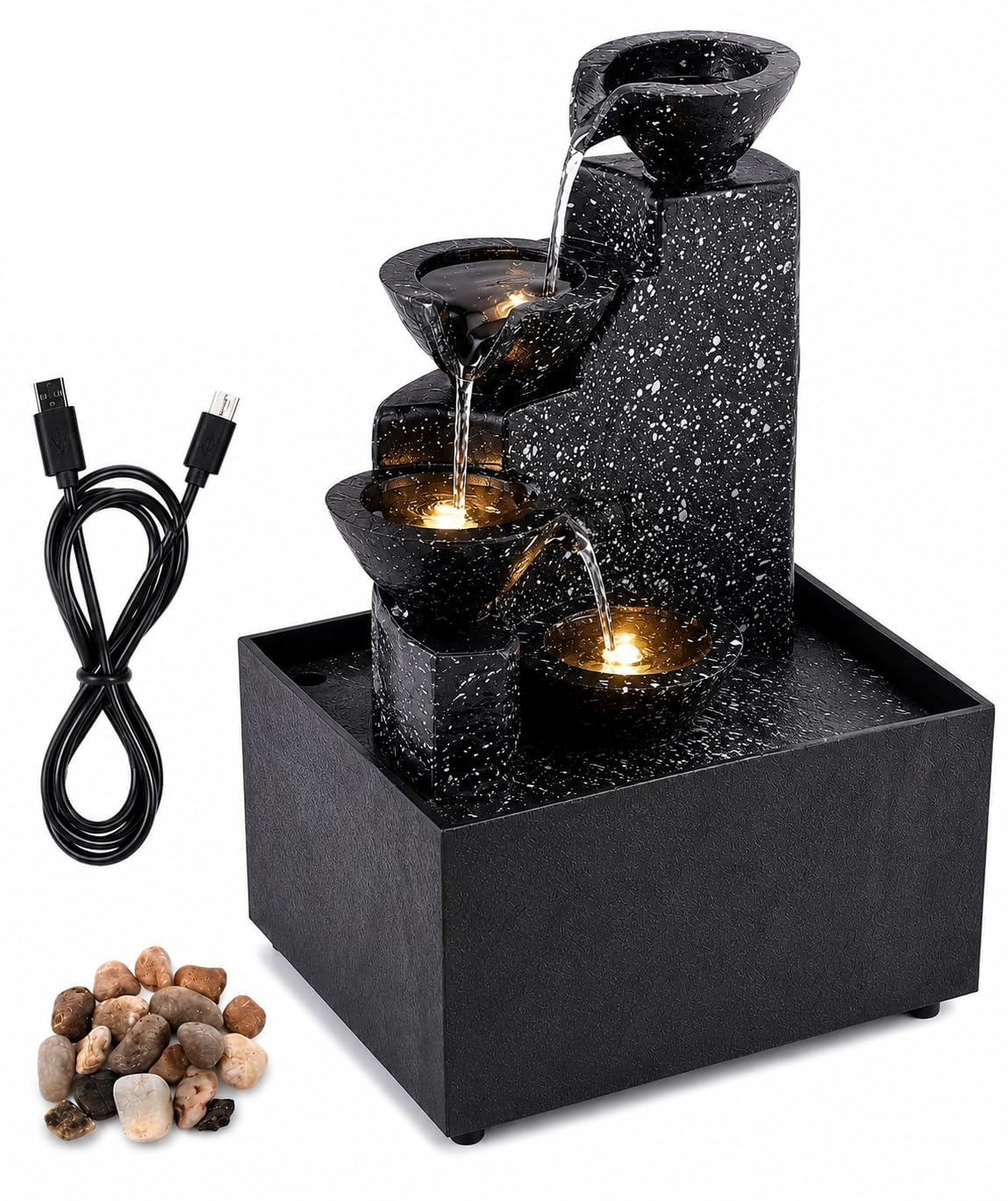 4 Tier Cascade Tabletop Water Fountain with LED Light, USB Powered Indoor Desktop Waterfall, Resin Zen Fountain with Pebbles, Relaxing Water Flow, Compact Tabletop Fountain for Home,Office & Bedroom-image-45