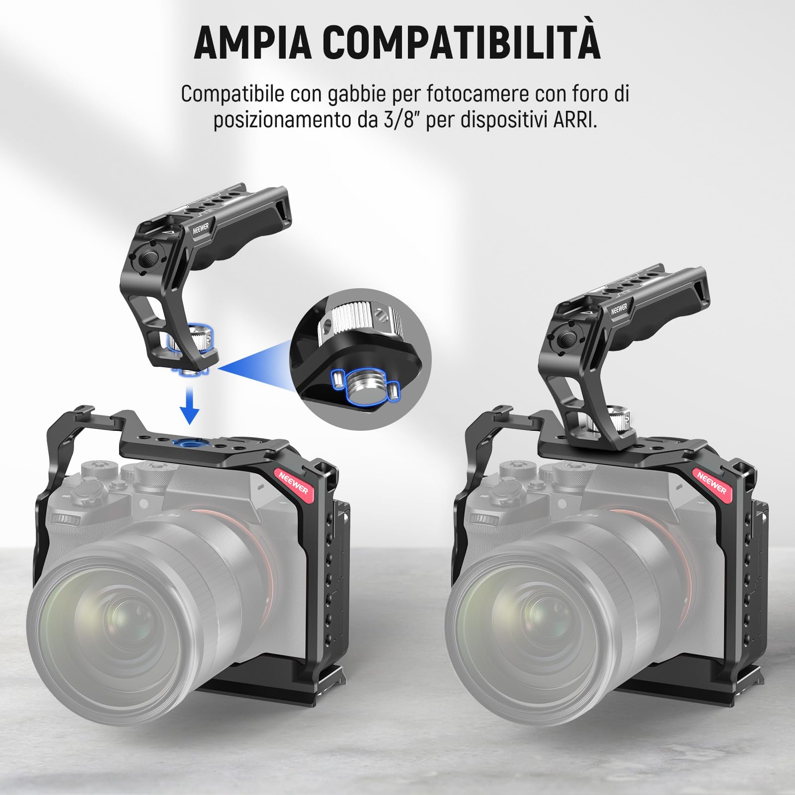 NEEWER Impugnatura superiore per fotocamera con 3/8", comoda impugnatura in silicone con filettatura da 1/4" 3/8", Cold Shoes, panno per la pulizia, compatibile con SmallRig Handles Gabbie video Rigs