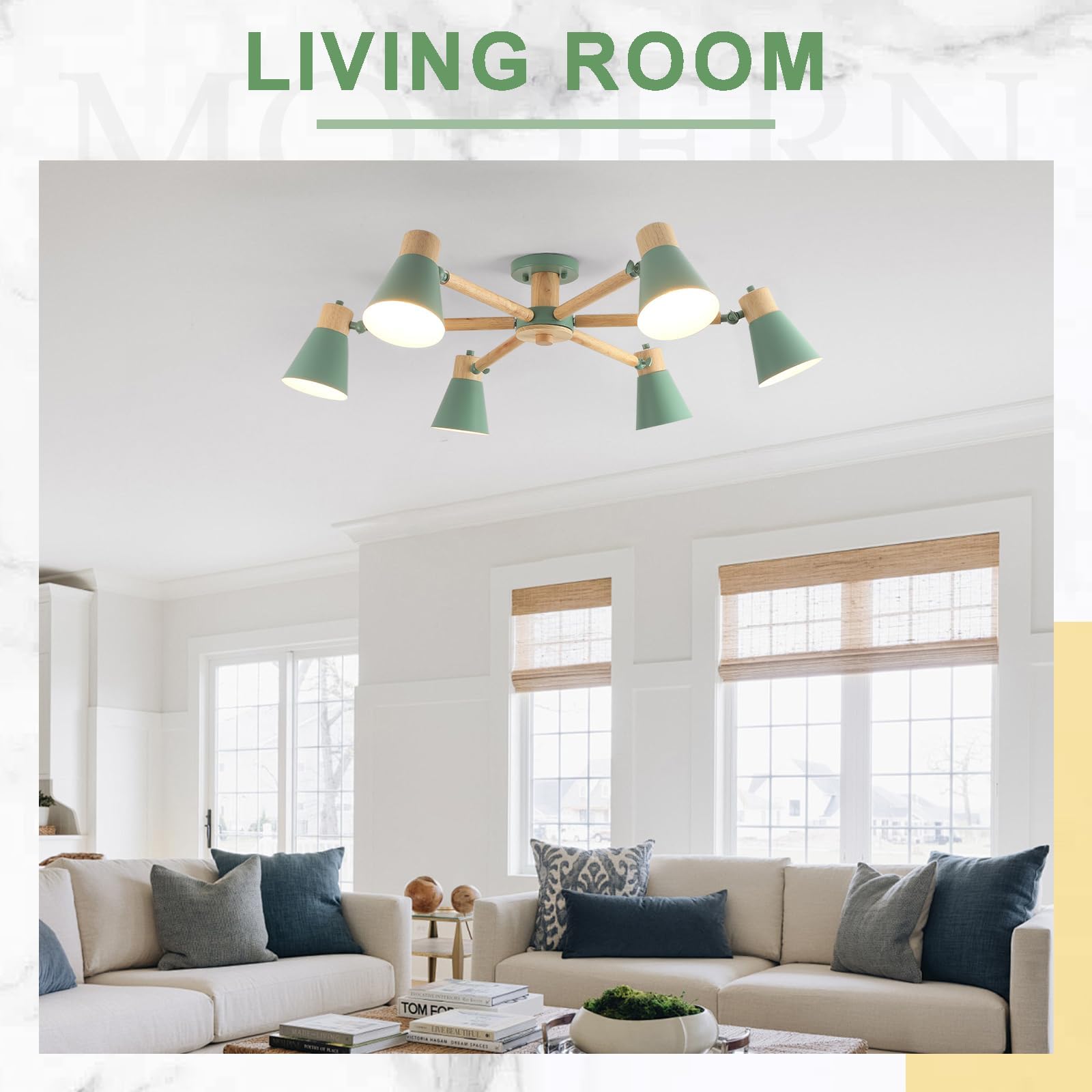 Verde Lampadario Camera Da Letto 6 Luci,Legno E Ferro Lampadario Soggiorno A Bracci Luminosi Regolabili lampadari E27 Ø82Cm Moderno Lampadario Cucina Per Letto Casa Camera Salotto