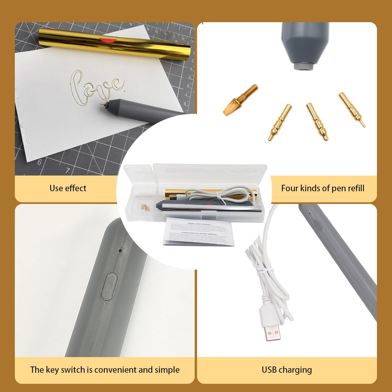 Hot Foil Stamping Machine, Hot Foil Pen Kit with 4 Size Tips & 2 Rolls(Gold+Silver) USB Powered Drawing Pens Multipurpose Stamping Machine Heat Quill Pen