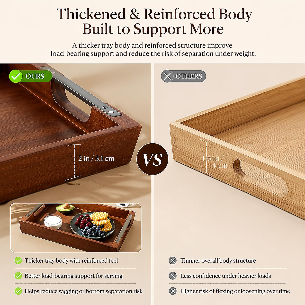 Bandeja de Servir de Madera de Acacia con Asas de Metal, Bandeja de Madera para Alimentos y Bebidas para la Mesa de Café, Desayuno, Cena y Bar, Bandeja de Almacenamiento Decorativa Rústica