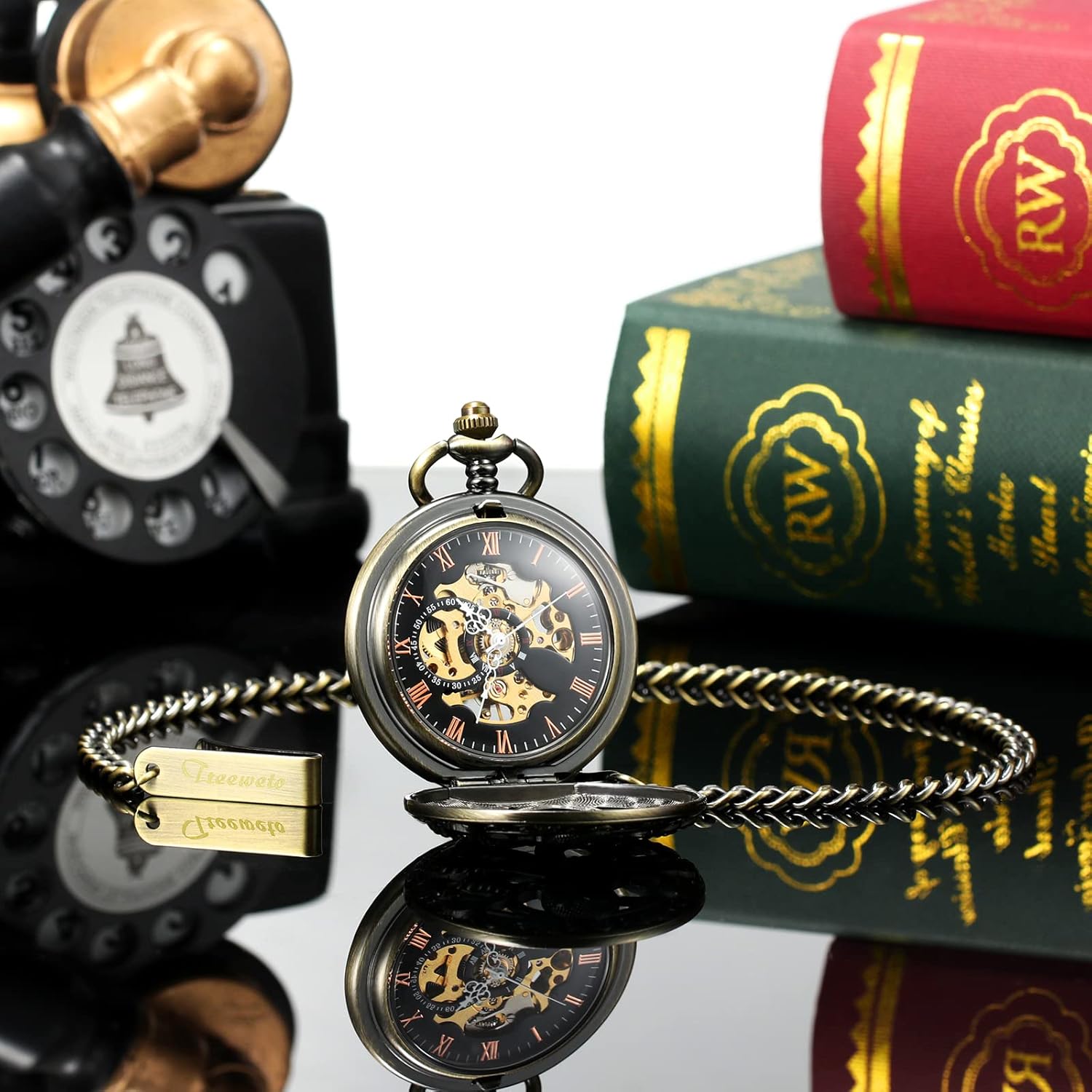 TREEWETO Antique Men's Pocket Watch Octopus Hollow Design Hand Winding Mechanical Mens Fob Watches for Man
