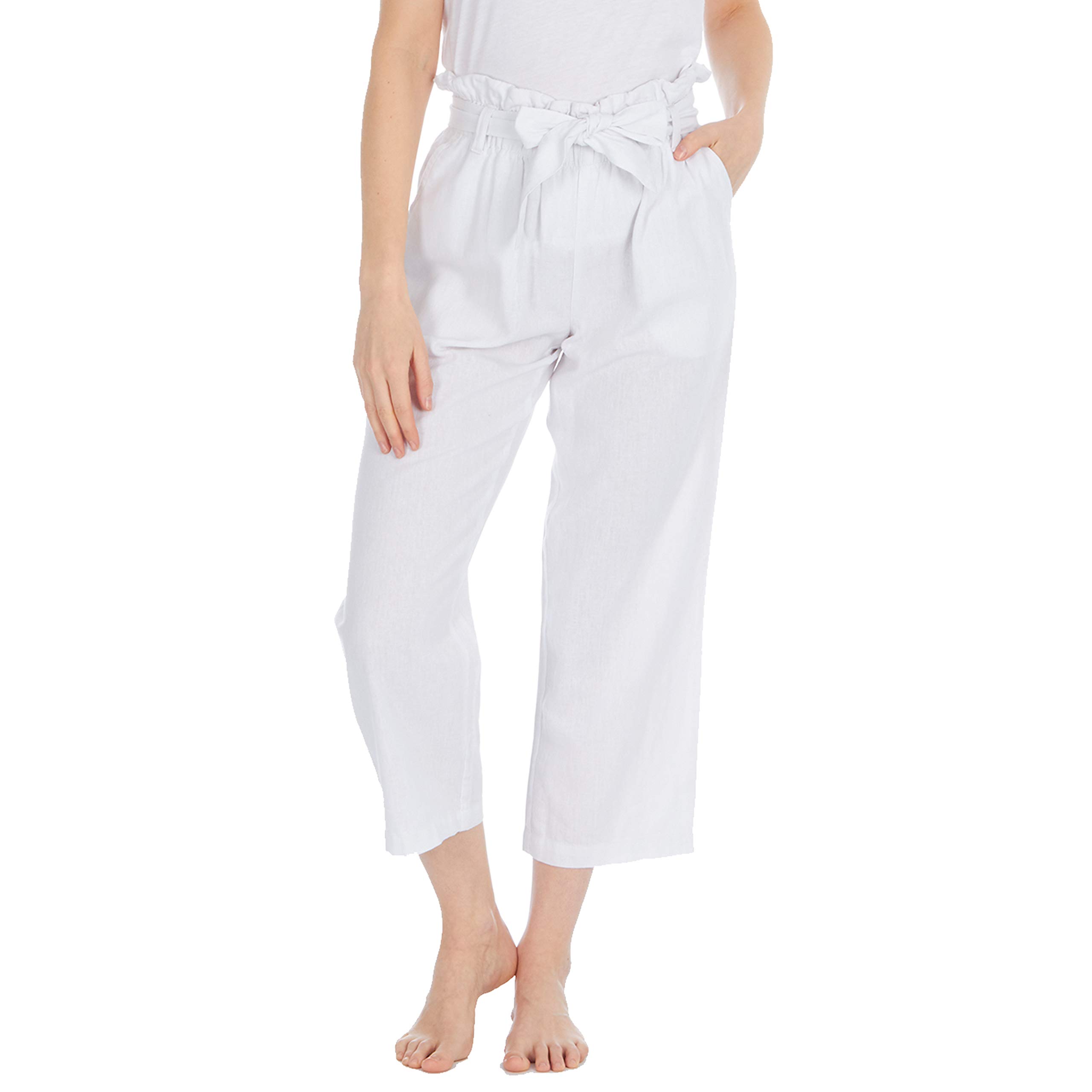 Metzuyan Womens Ladies High Paperbag Waisted Pants Crop Linen Trousers White 12