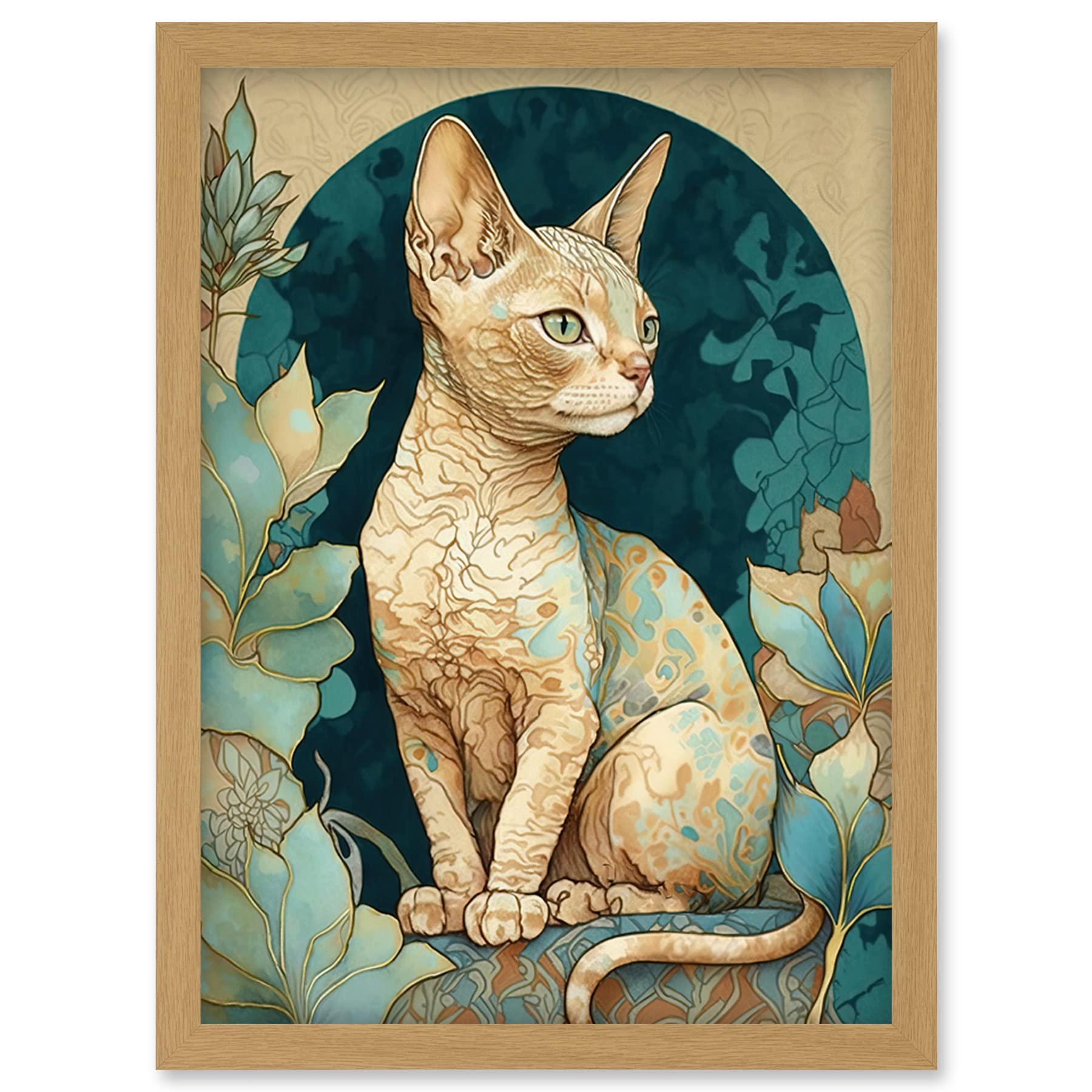 Artery8 Devon Rex Cat with Pattern Fur Art Nouveau Modern Illustration Artwork Framed Wall Art Print A4