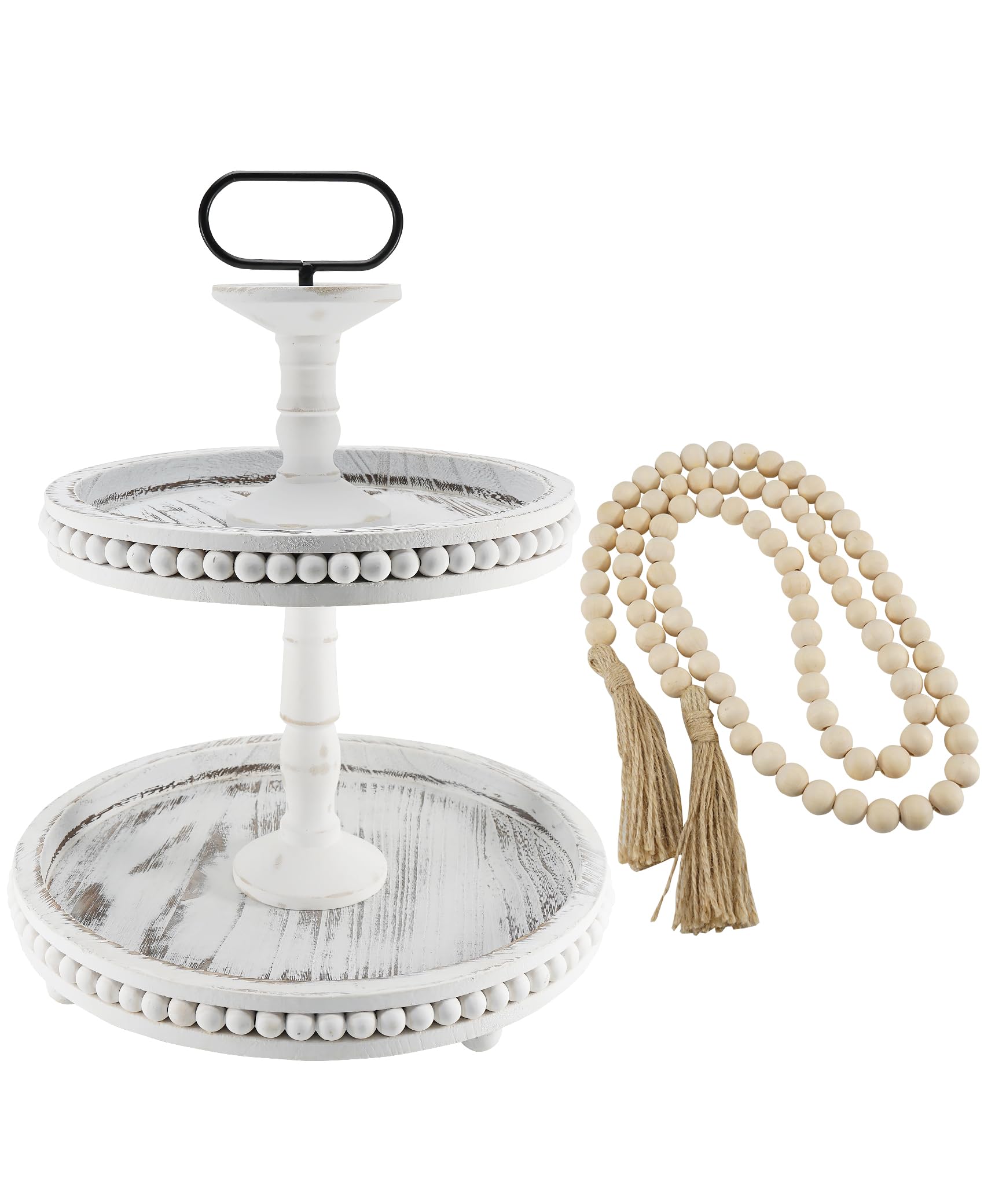 Farmhouse Kitchen Decor Wooden 2 Tiered Tray Stand, Round Rustic Serving Decorative Tray for Home Decor Coffee Table Decor Fruit Tray with Beads, Unique Dual-use Dowel and Candle Holder(2 Tier, White)