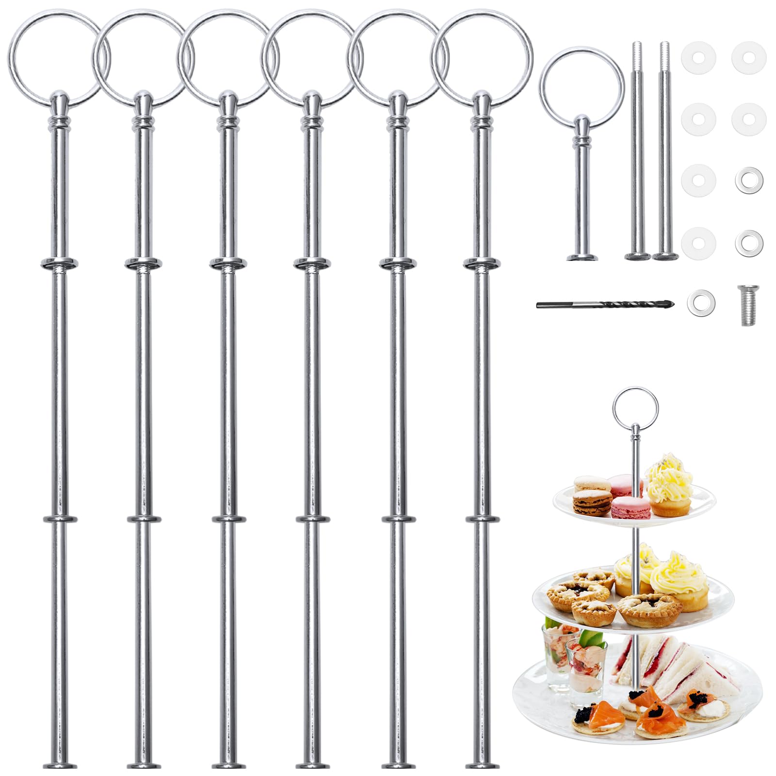 Kigniote 3-Tier Cake Stand Rods Set, 6 Pieces Metal Rods Cake Stand Silver with Drill, Cake Stand Sticks for Cakes, Cupcakes, Macaroons, Doughnut, Muffin and Fruit (Plate Not Included) (Silver)