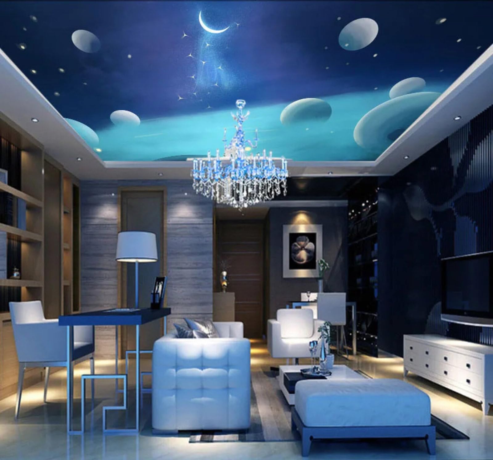 Wallpaper-3D-Xlm 350Cm×256Cm(B×H) Fresh Blue Starry Sky Universe Planet 3D Wallpaper Easy Install Feature Office Living Room Sofa Bedroom Tv Background Wall Decoration-350Cm×256Cm