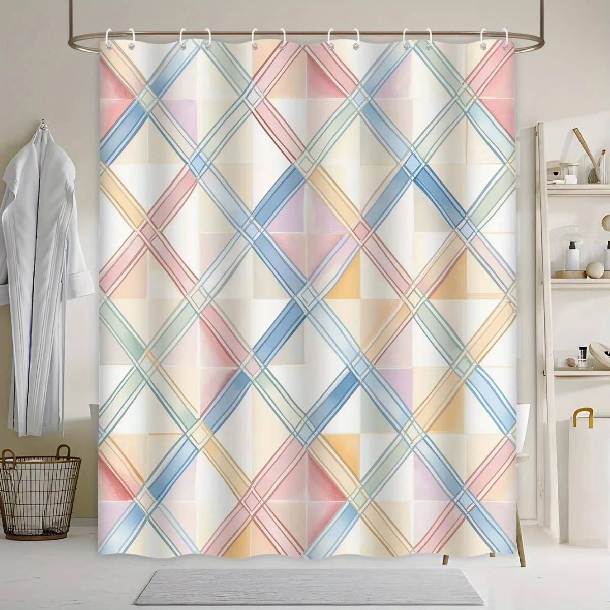 KELAIMI Pastel Watercolor Plaid Shower Curtain - Farmhouse Boho Multicolor Checkered Tartan Geometric Bathroom Curtains - Machine Washable Waterproof Fabric Bathtub Curtains with Hooks Pink 180X180Cm