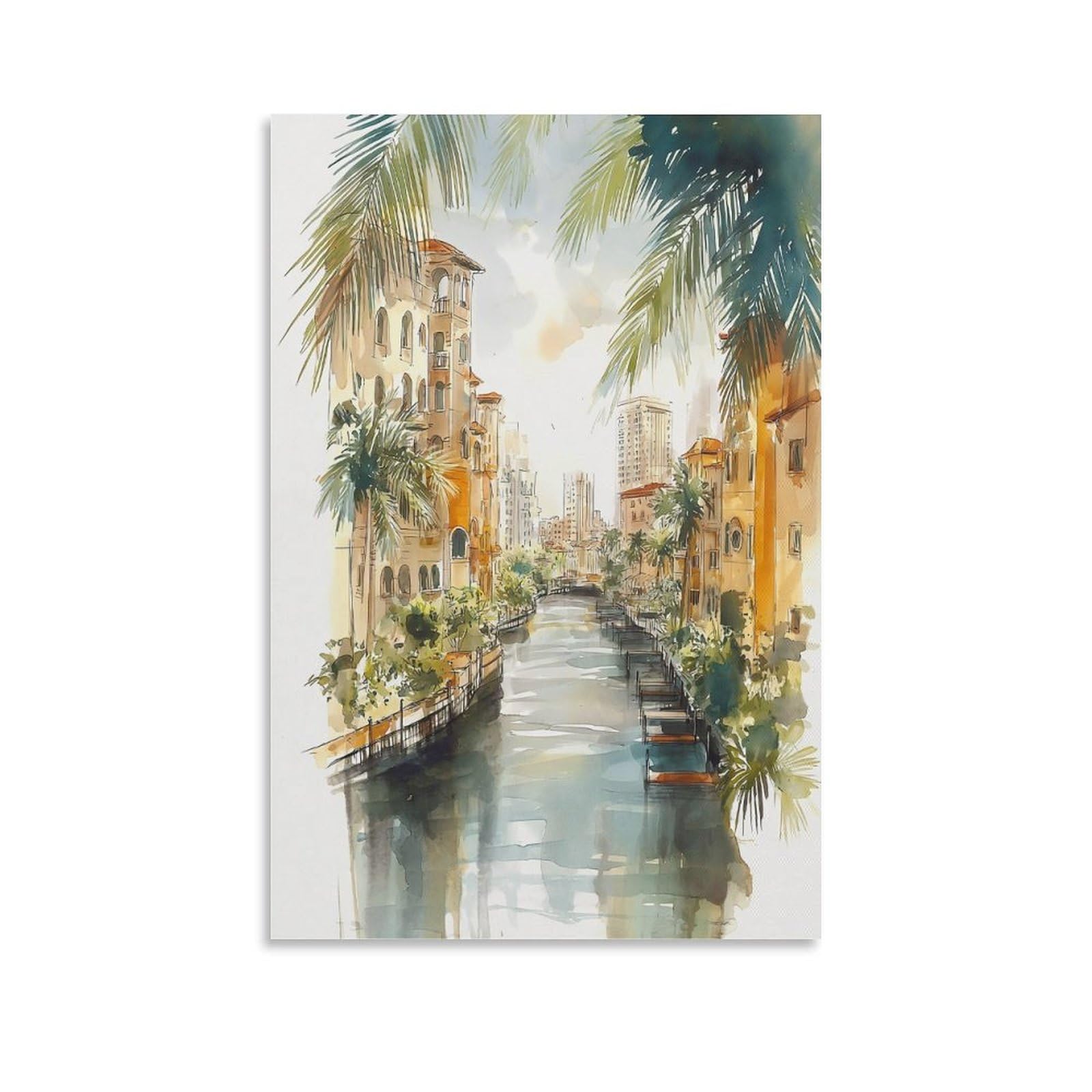 XWYMXZ Miami Watercolor Florida 08x12inch(20x30cm) Vintage Travel Poster Watercolor Canvas Art