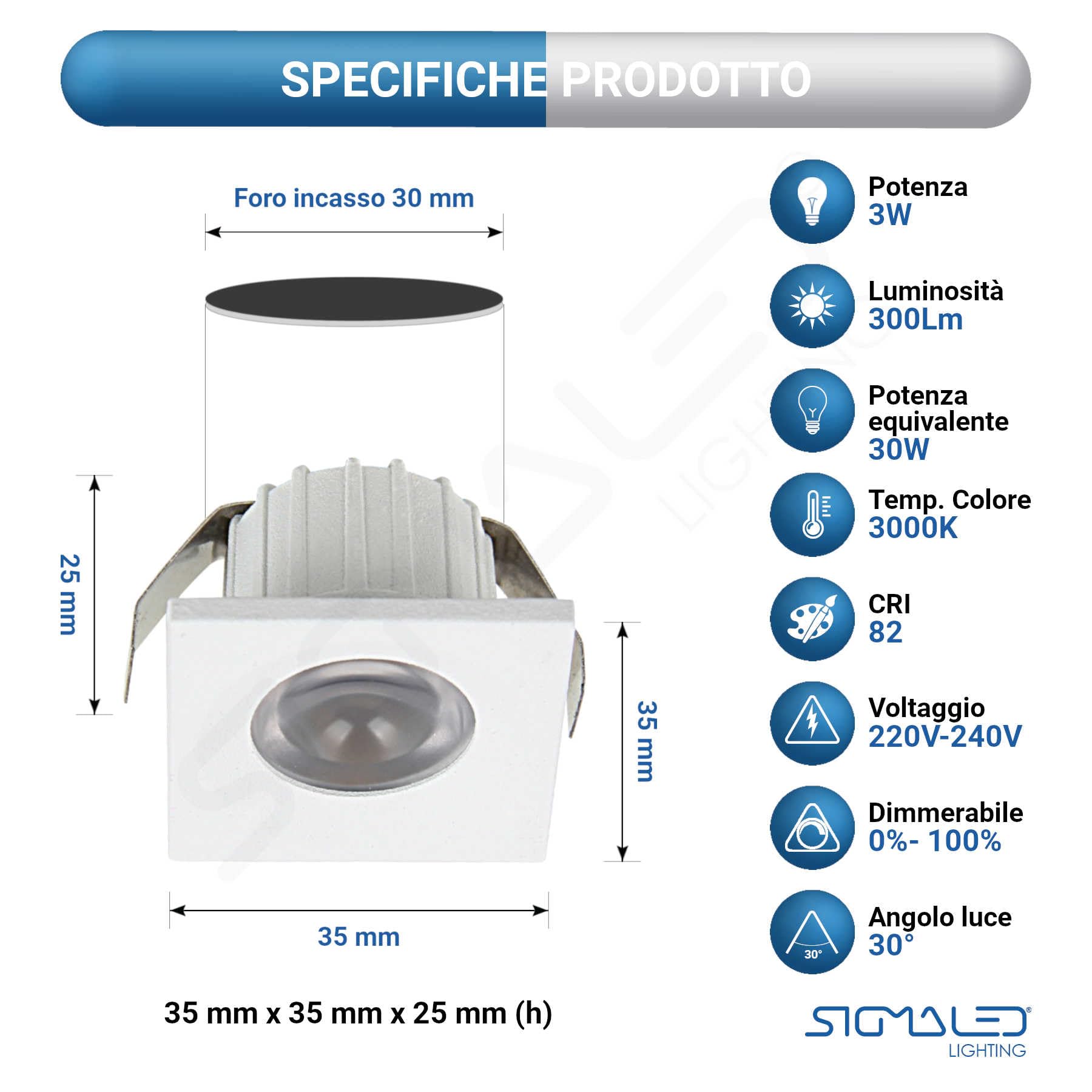 Sigmaled lighting, MINI SPOT LED 3W, Dimmerabile, 300lumen, Luce Calda 3000K, Faretto QUADRO incasso, 220V / 240V AC Driver NON NECESSARIO, 35x35x25mm, 10 Spots (5 scatole da 2 pezzi)