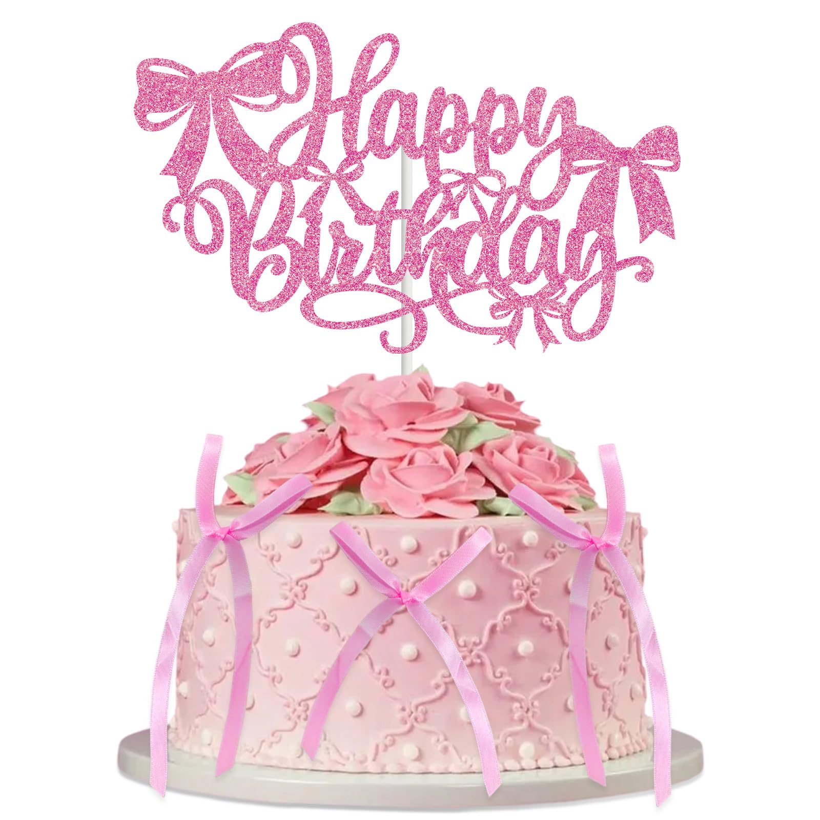 Bow Themed Happy Birthday Cake Topper Decor with 6 Pink Twist Tie Bows, 6.6 x 4 Inches Glittery Pink Bowknot Cupcake Sign Toppers Decorations for Coquette-Style Birthday Party Supplies