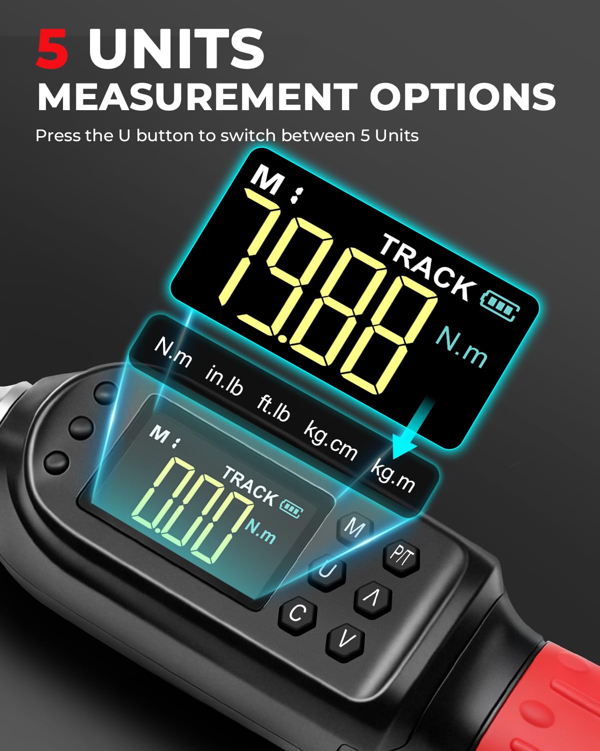 Llave dinamométrica digital de 3/8, ± 2% de alta precisión con zumbador y notificación de flash LED, 5 unidades y 8 preajustes de memoria (3.09-62.69 pies libras/4.2-85 N.m)