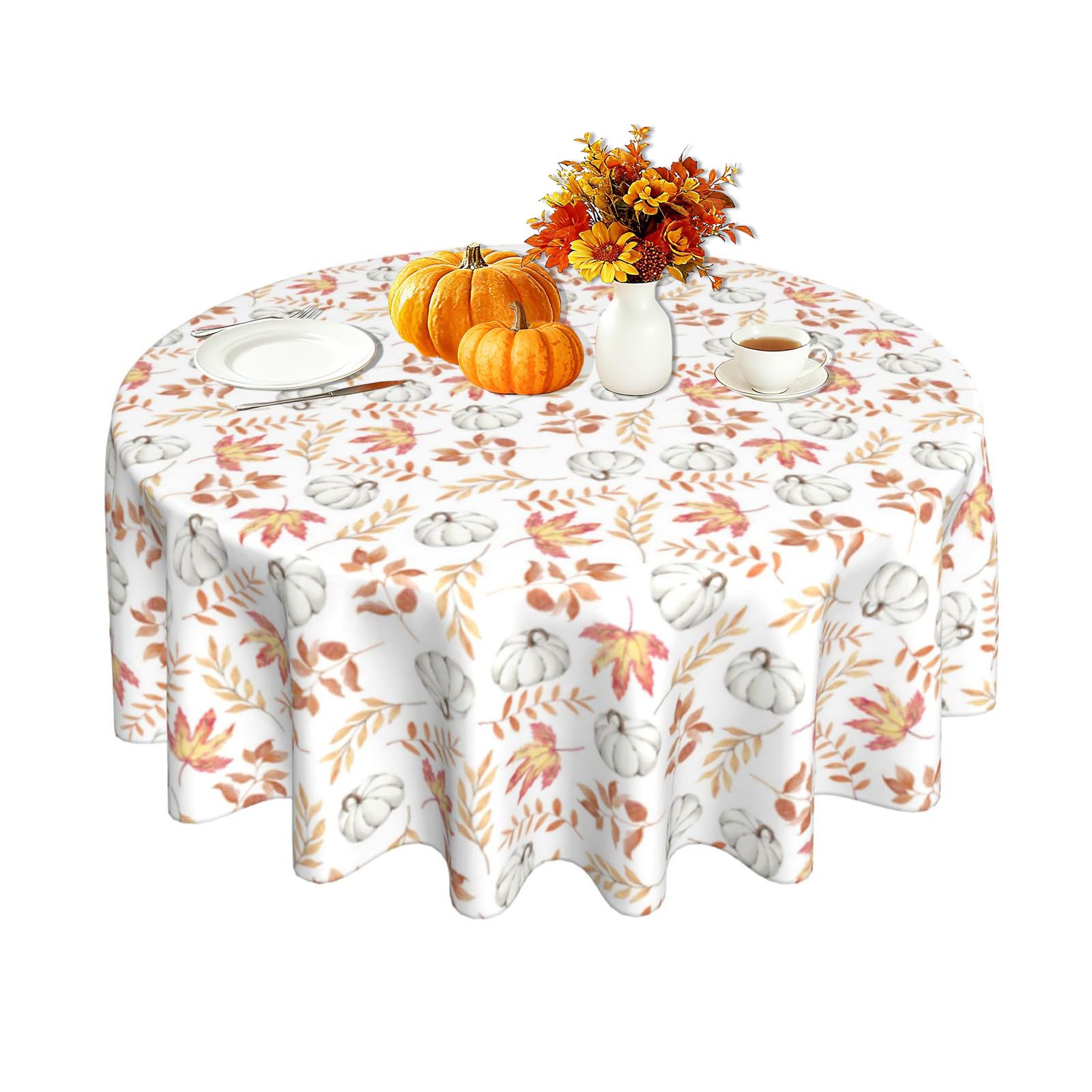 FJQWKLF Fall Round Table Cloth 60 Inch Thanksgiving Autumn Harvest White Pumpkin Orange Leaf Table Cover for Picnic Party Holiday Home Kitchen Outdoor Decor