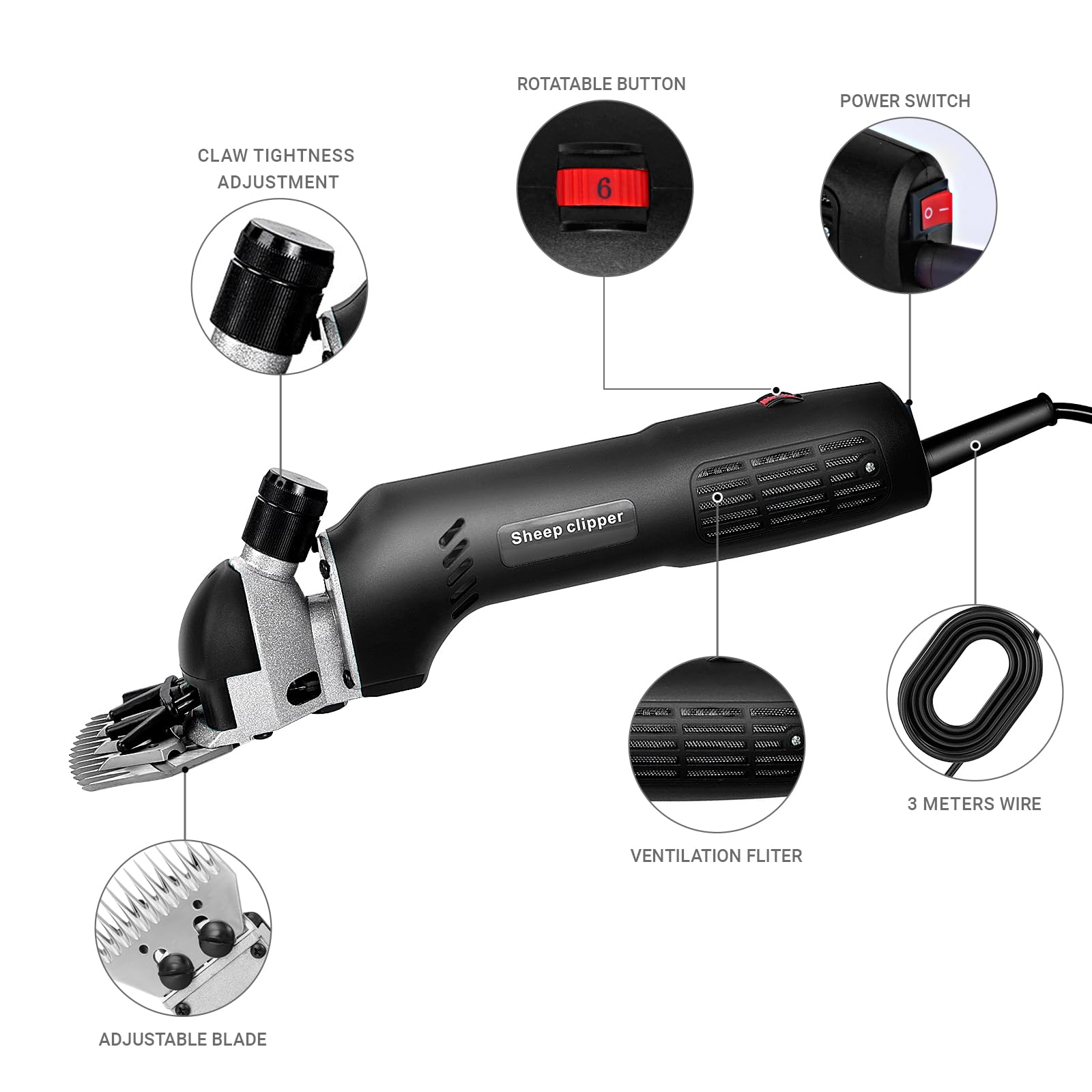 690 W Maquina de Esquilar Eléctrica para Oveja Tijeras, cabras u otros animales (Negro)