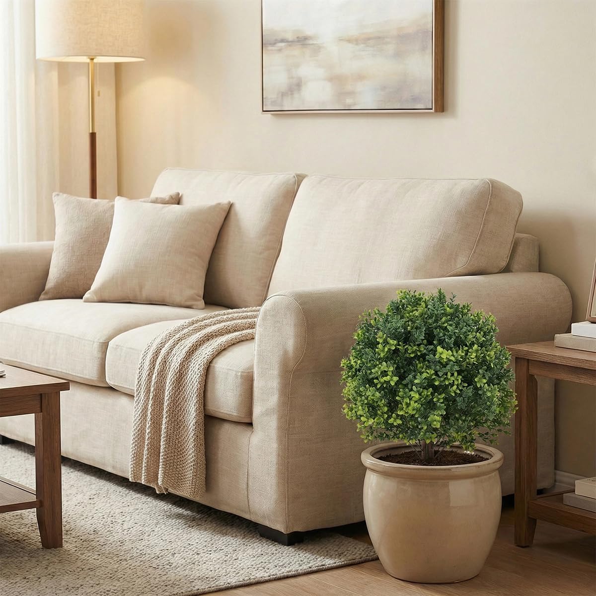 25.5" Artificial Boxwood Topiary Ball Trees with Ground Spikes, Set of 2 UV Resistant Faux Greenery Shrubs, Fake Evergreen Artificial Plant Bushes for Porch Patio Wedding