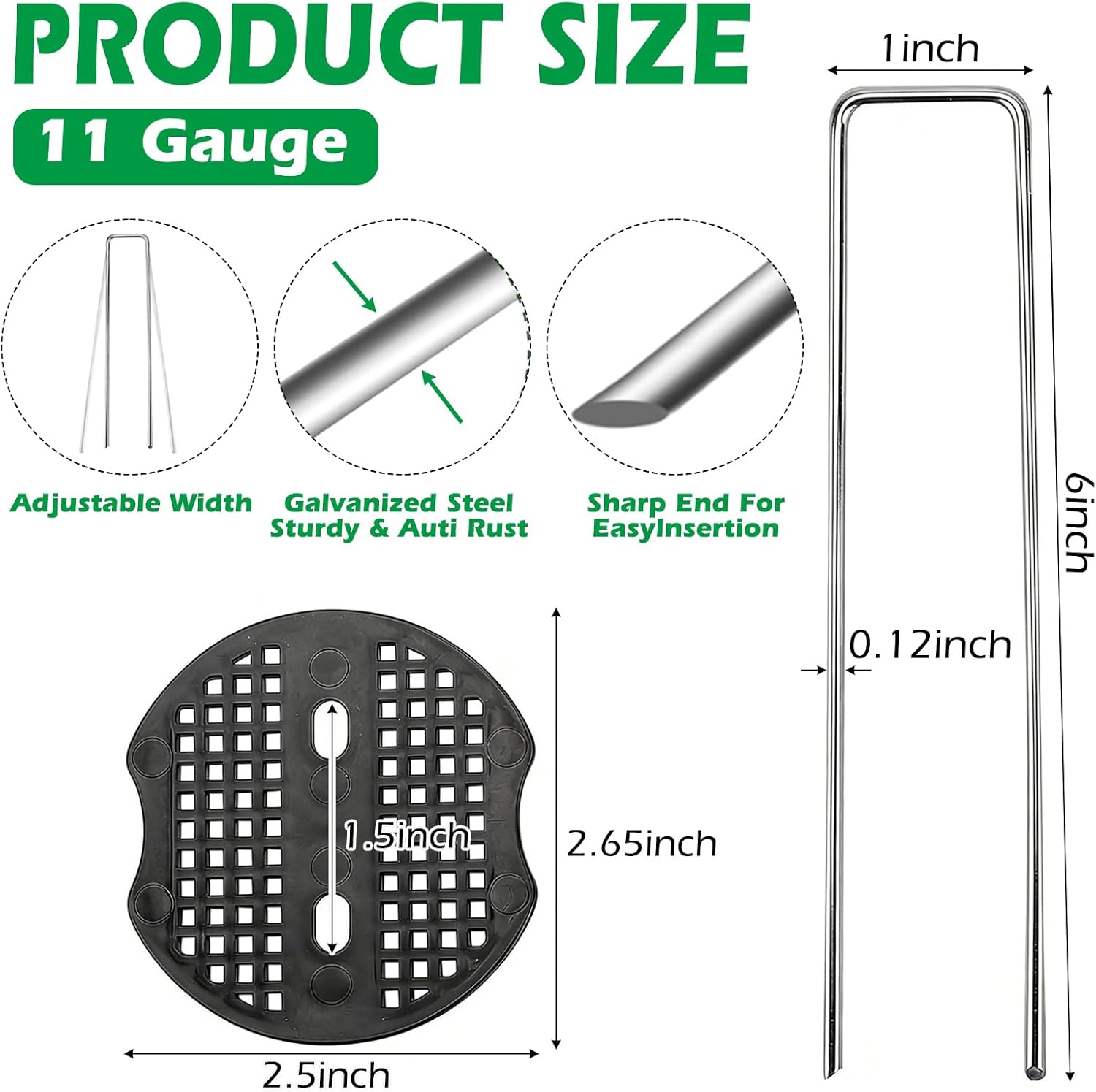 Finderomend 100 Pack Landscape Staples and 100 Pack Gaskets,11 Gauge 6" Galvanized Steel Garden Stakes with Black Pads,Landscape Pins Turf Staples for Weed Barrier Grass