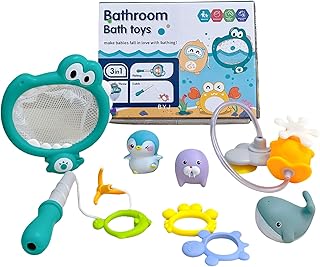 Acunny Juguetes para Bañera, Juguetes para Bañera Infantil con Agujeros De Drenaje, Juego Modular Multifuncional con Red De Pesca Portátil Y Ventosas para Baño Y Ducha Infantil En Casa