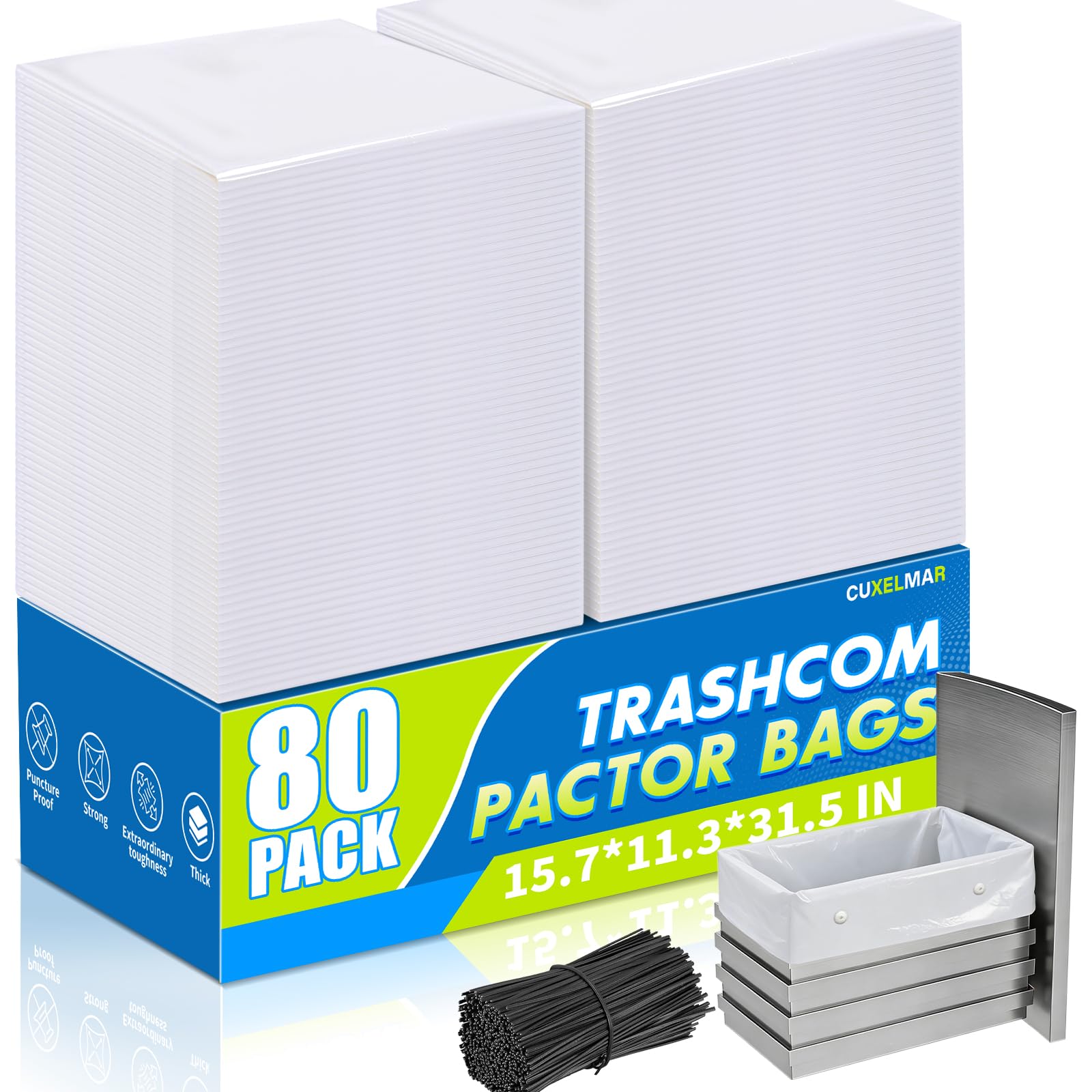 80-pack Trash Compactor Bags with Pre-punched Holes for Attaching, 2.6 mils Heavy Duty Trash Compactor Bags, Fits 15-inch Rectangular Drawer Compactors, Twist Ties Included, White