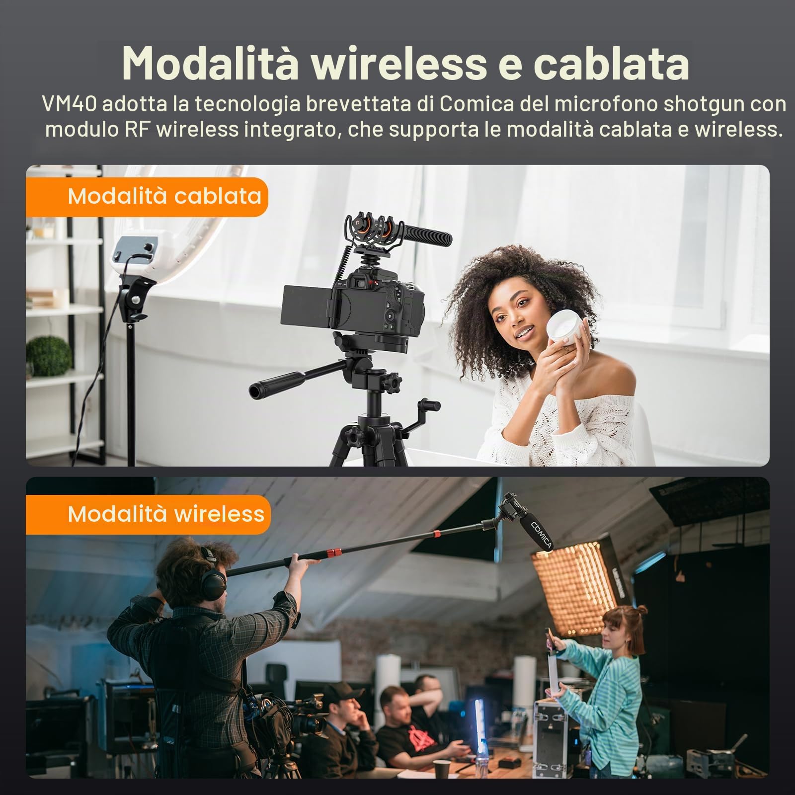 COMICA VM40 Microfono shotgun a registrazione integrata 32G, microfono per telecamera wireless con registrazione flottante 48kHz/32 bit per smartphone con telecamera (1RX+1TX)