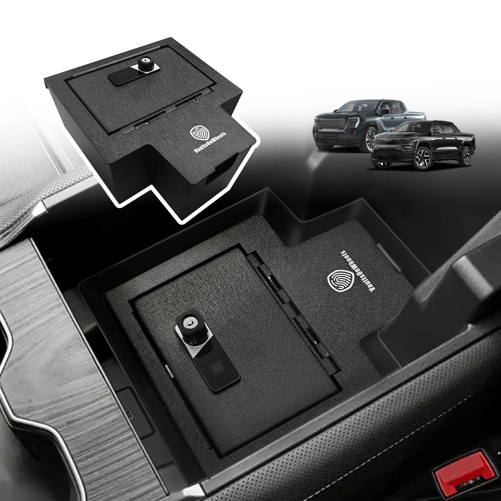 Photo 1 of VaultsOnWheels for 2026 2025 2024 Chevrolet Silverado EV/GMC Sierra EV Center Console Safe Gun Safe Vault Hidden Console Storage LockBox Anti-Theft Pry-Proof High Security Biometric Fingerprint Lock