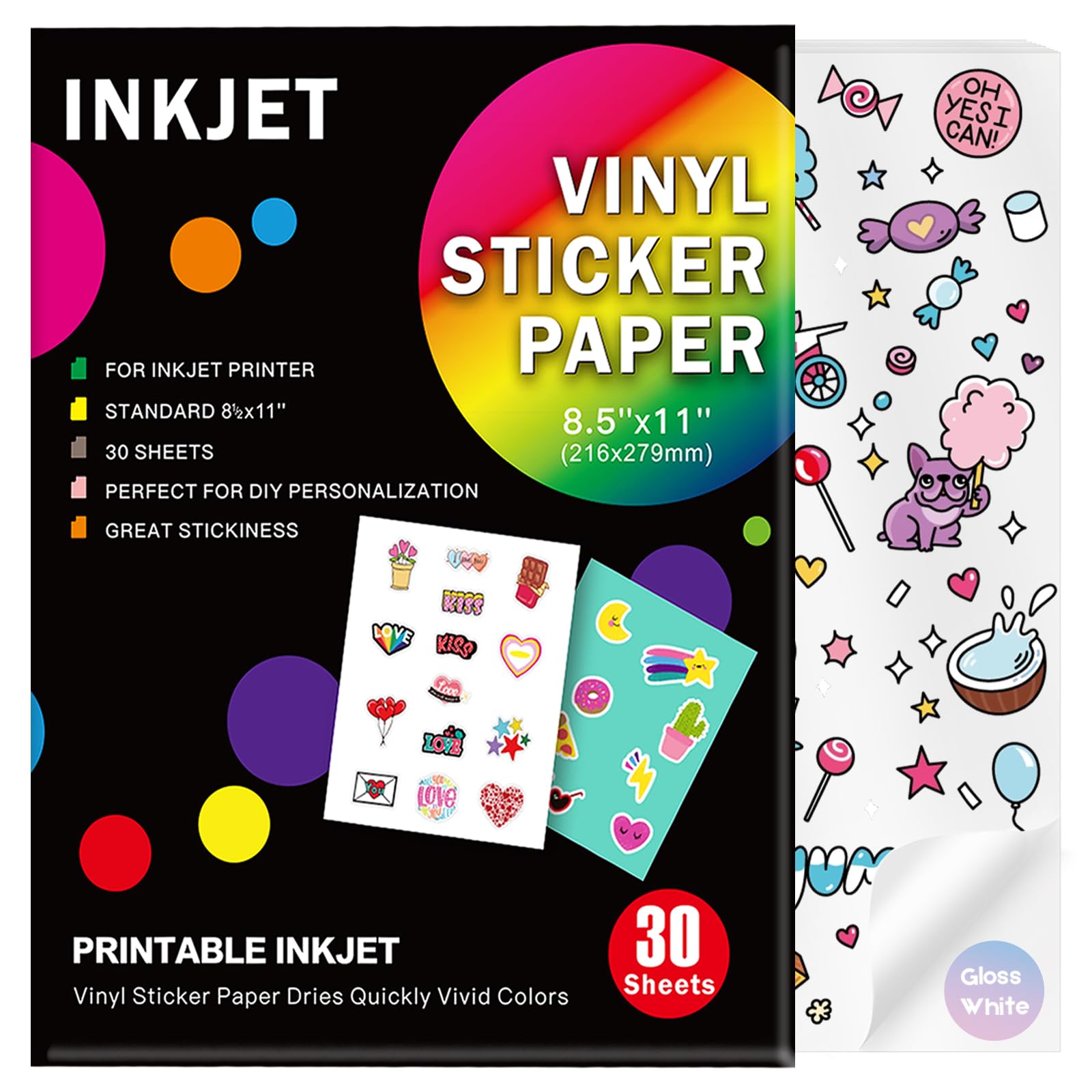 30 Sheets Premium Printable Vinyl Sticker Paper for Inkjet Printers Glossy White 8.5x11 Inch Waterproof & Vibrant Colours Retains Ink Well Tear