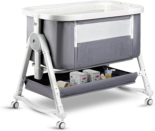 suihuooo Cuna 4 en 1, moisés con ruedas y cesta de almacenamiento, ajustable de 7 alturas con cambiador, moisés mecedor de malla transpirable para