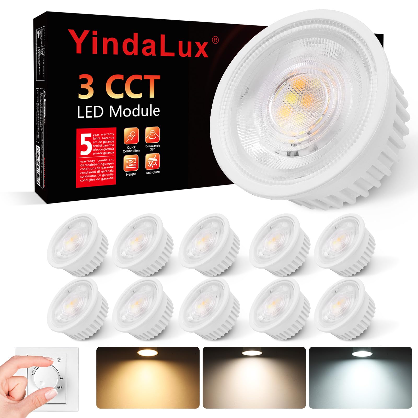 YindaLux 10er Set 3CCT LED Modul 230V - Ultra Flach ø50*23mm für Einbaustrahler - 4.9W 500LM 38° Abstrahlwinkel - 3000K/4000K/6000K Dimmbar - Ersetzt GU10 MR16 Leuchtmittel - IP44 Wasserdicht