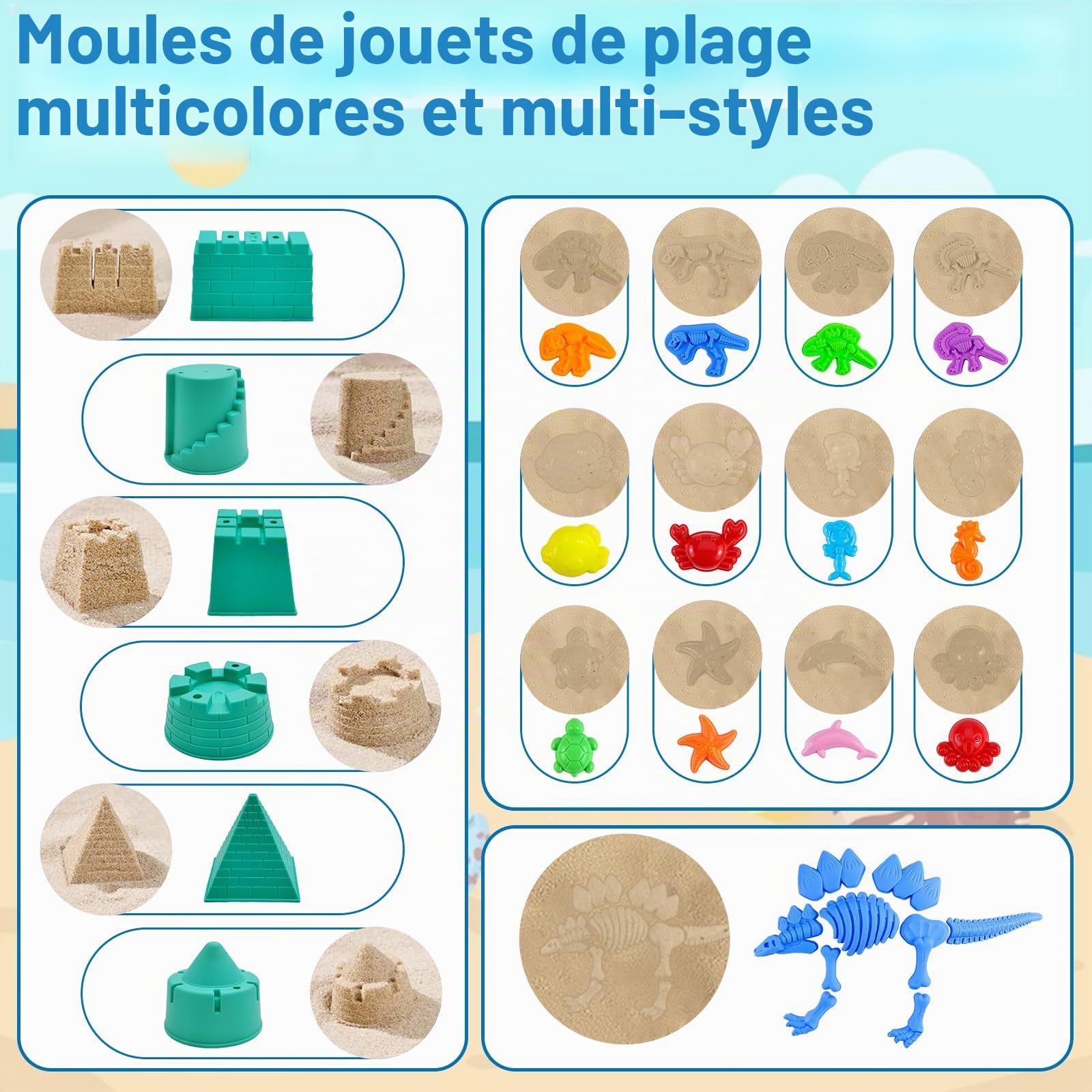 Lot de 36 Jouets de Plage pour Enfants - avec Motif Dinosaure (âge 1 à 3 Ans) - Ensemble de Jouets de Plage de Voyage (âge 4-8) - Sac en Filet - Pelle - Château - Formes d'animaux Kit de