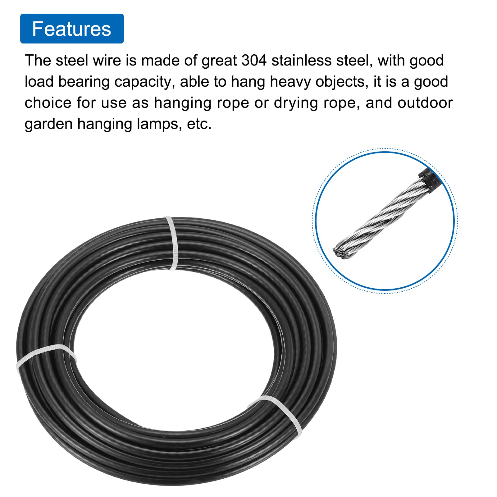 QUARKZMAN 33ft Cavo In Acciaio Inossidabile 304, 6mm (1/4") Rivestito In Vinile Con 4 Manicotti In Alluminio E Girella Per Ringhiere, Decking, Appendere, Stendibiancheria, Nero 10m