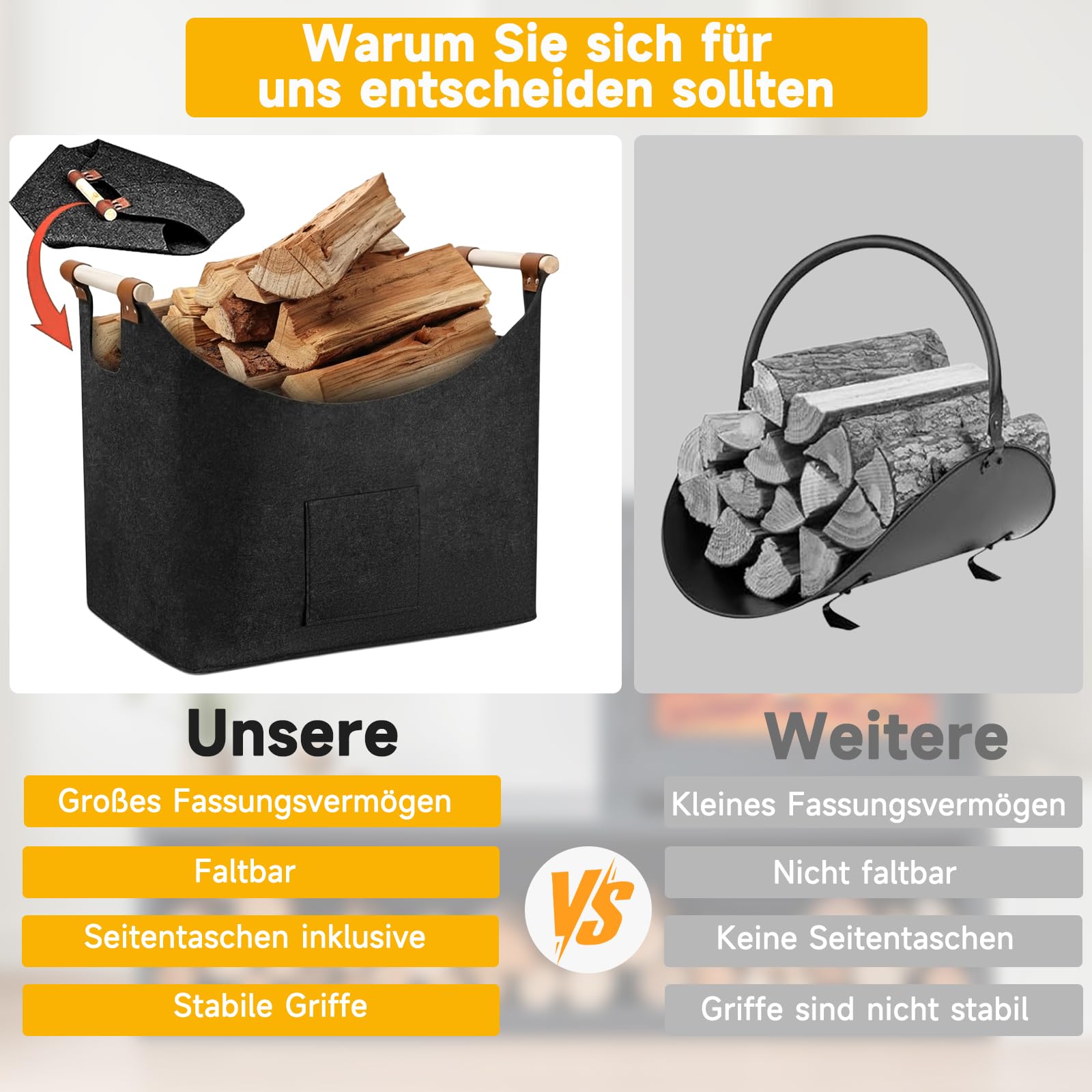 Cesta de Leña, XXL Cesta de Fieltro para Leña de Chimenea Extra Grueso y Asa Reforzada, Bolsa de Almacenamiento Plegable para Guardar Periódicos, Ropa, Juguetes y Accesorios para la Chimenea