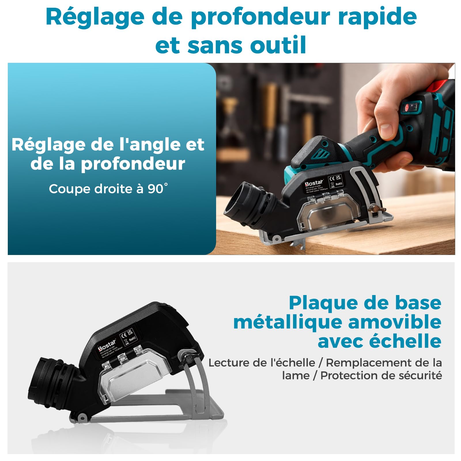 Bostar Mini Scie Circulaire & Meuleuse d'Angle sans Fil 76mm - Moteur Brushless, 2 Vitesses (8000-12000 tr/min), Coupe 0-20mm (90° Fixe), 2x Batteries 3.0Ah, Compatible avec Makita 18V LXT