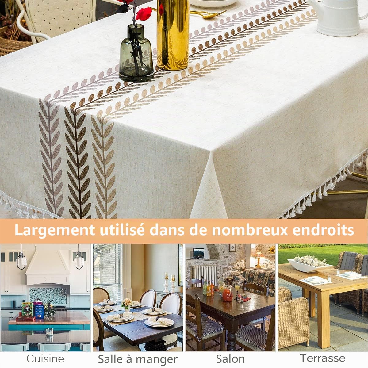 Nappe de Ferme rectangulaire en Coton et Lin Lavable et antisalissure avec Pompons pour Cuisine, Salle à Manger, Pique-Nique, extérieur, Jardin (Feuilles de Café, 140 x 260 cm)