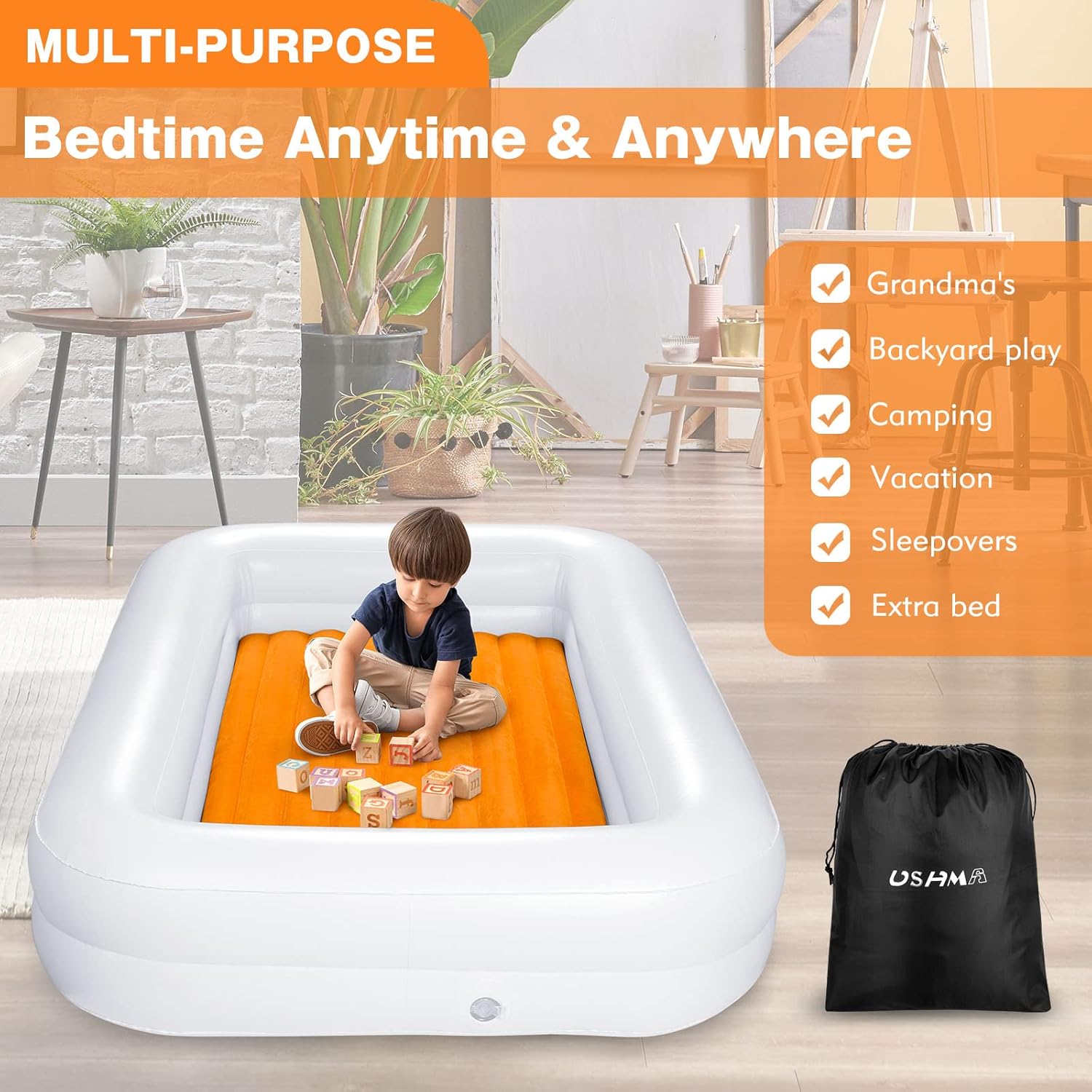 Toddler Travel Bed [4-Side] | Reversible 2 Colors Kids Air Mattress | Inflatable Toddler Bed | Portable Kids Blow Up Travel Bed with Sides, Orange & Aquamarine