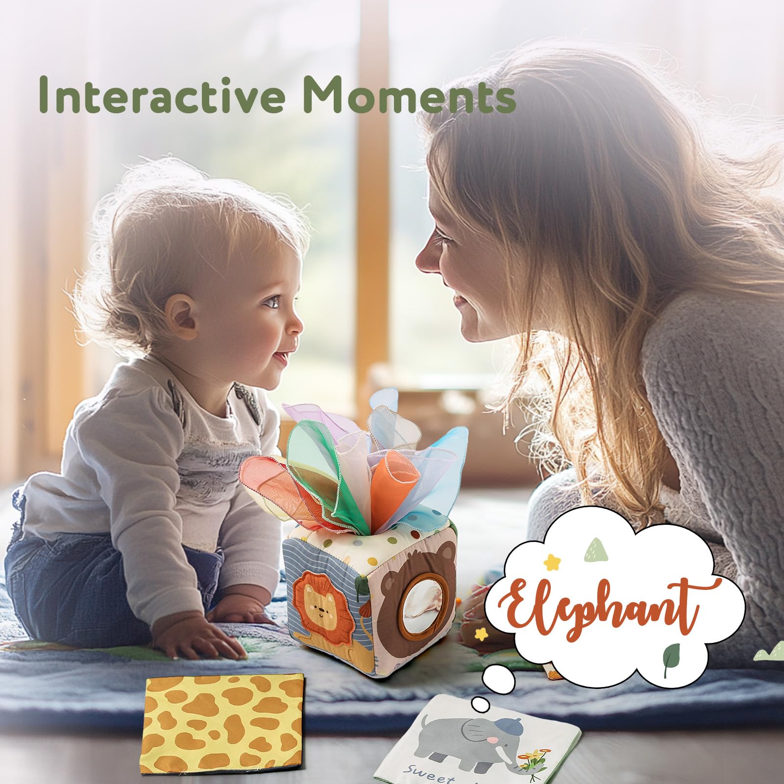 WOODEN TEETHER Baby Tissue Box Toy Mesi Montessori Sensorial Giocattolo, Promuove Le capacità sensoriali e motorie, con specchi, Colori, Trame, Suoni, Ragazzi e Ragazze (Animali della Foresta)