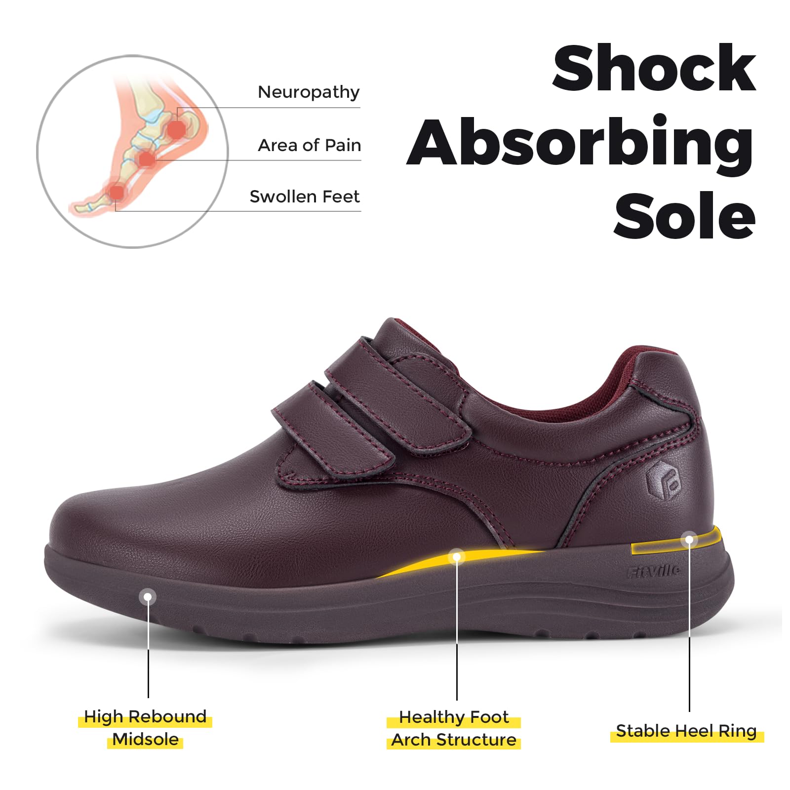 FitVille Scarpe Diabetici Donna Pelle Pianta Larga Scarpe Ortopediche Strappo Scarpe Comode da Passeggio pour Piedi Sensibili Piedi Gonfi