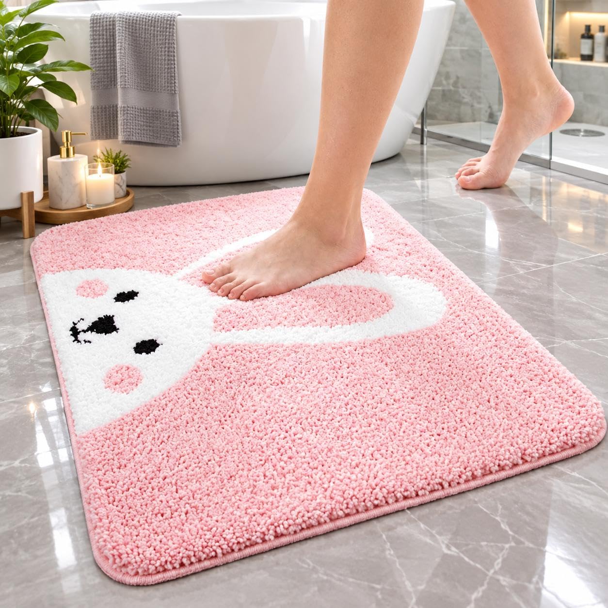 Cute Pink Bunny Bath Mat - Non-Slip & Washable -1