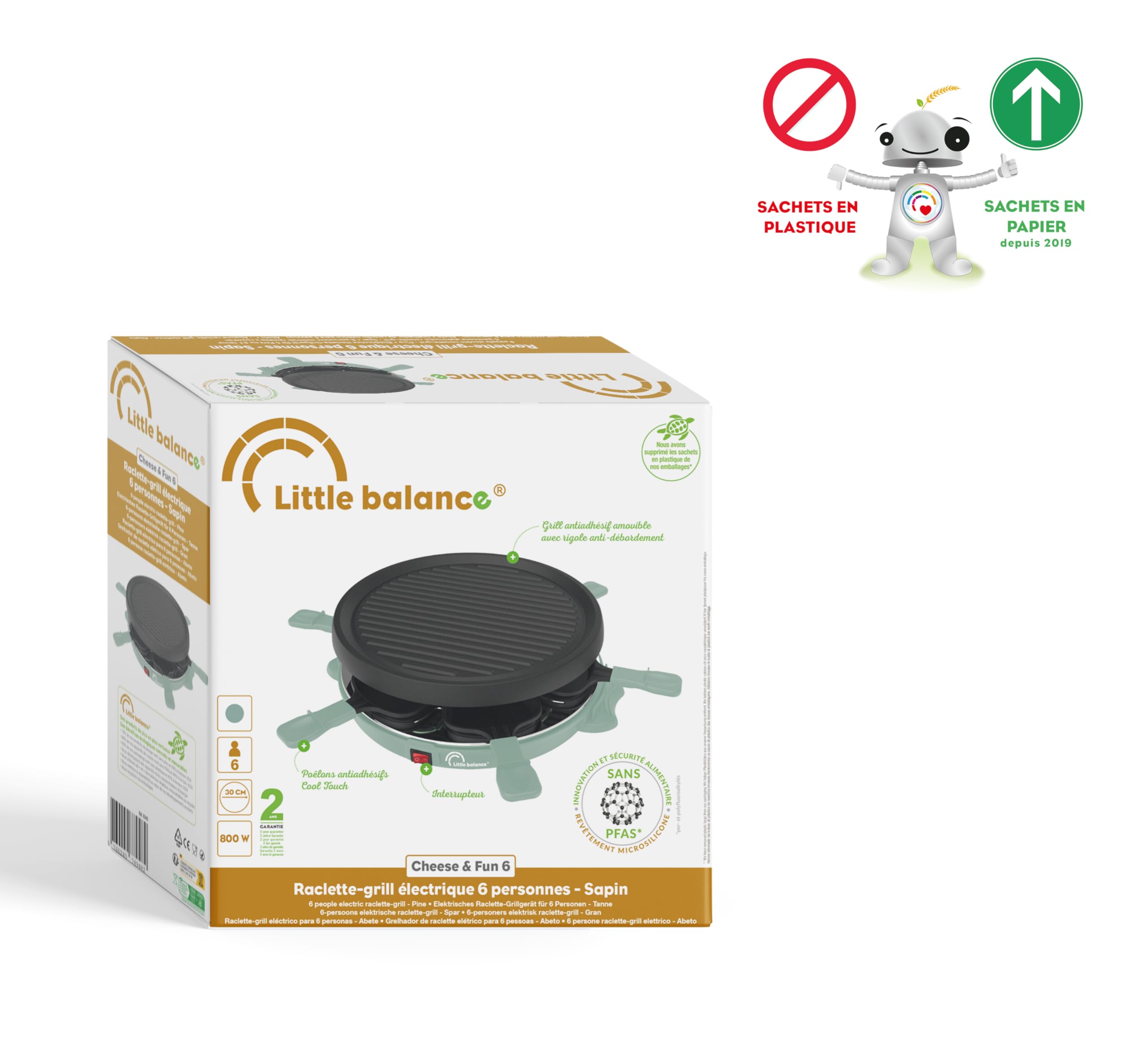 LITTLE BALANCE 8948 Cheese & Fun, Raclette Grill, 2 en 1, Jusqu'à 6 personnes, Sans PFAS, 800 W, Sapin