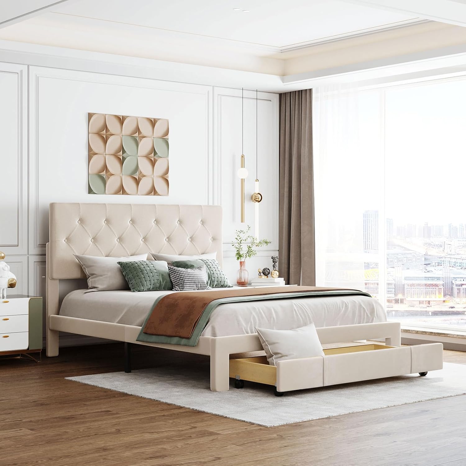 Queen Size Bed Frame Linen Upholstered Platform Bed with Storage Drawer,Queen Bed Frames with Buttons Headboard for Bedroom,Wooden Slat Support,Mattress Support No Box Spring Needed(Beige, Queen)