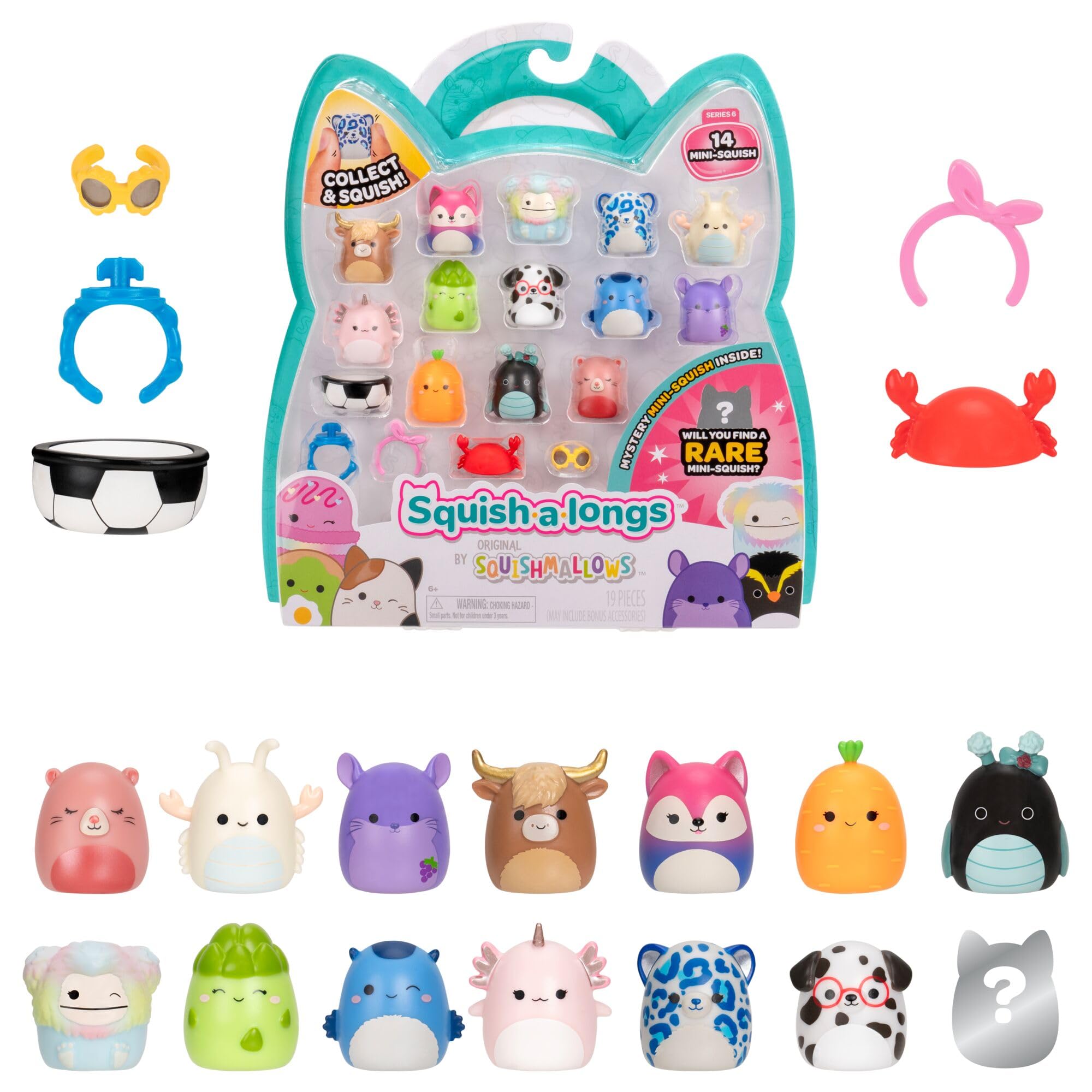 Squish-a-longs Mini-Squish 14-Pack (Wave 6, Style 2) includes Mini-Squish styles like Wilfred the Brown Highland Cow, Darlene the Peach Beaver, Jacken the Blue Glaucus