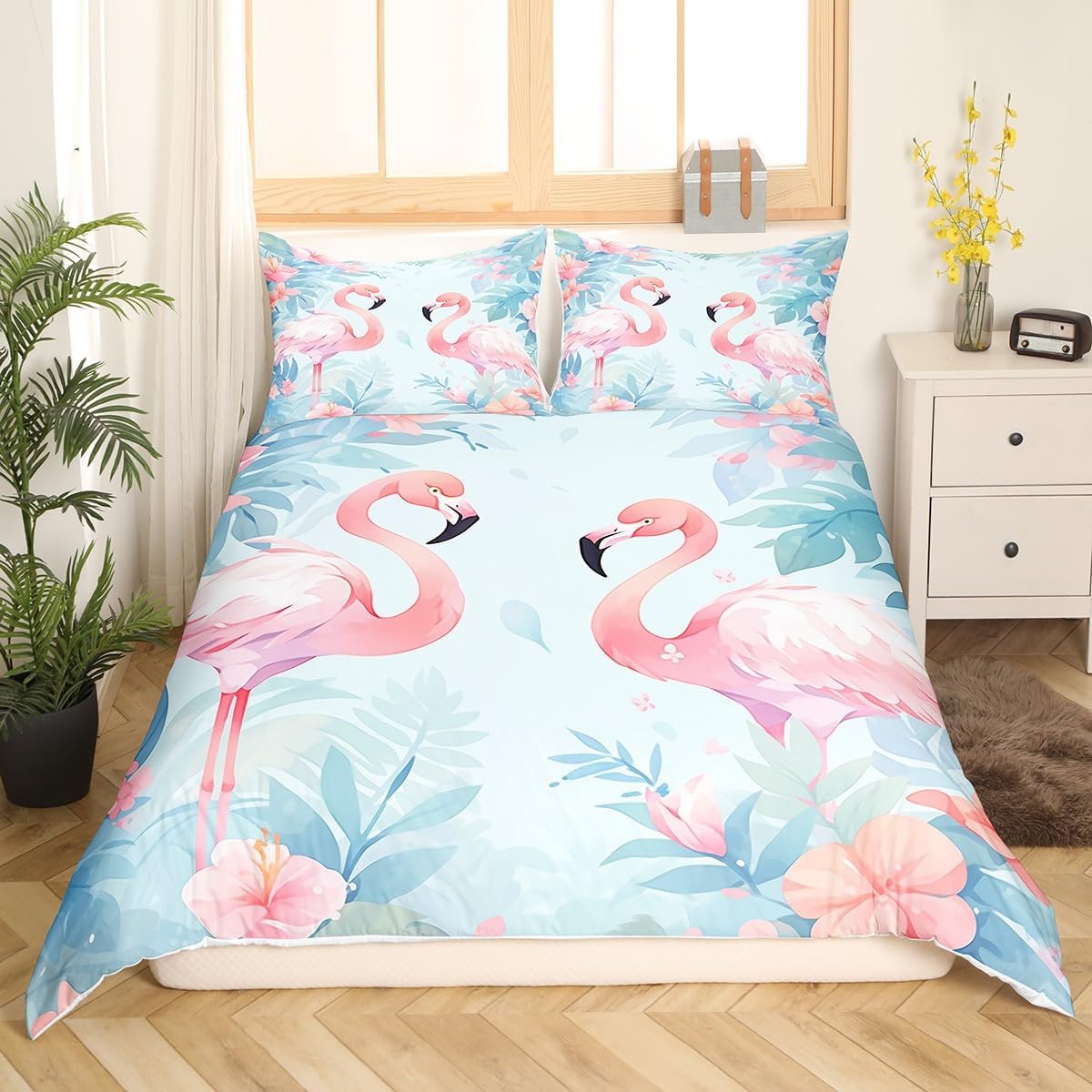Castle Fairy Flamingo Heart Duvet Cover Queen Size for Teens Youth,Romantic Valentine's Day Decor Leaves Comforter Cover (Not Comforter),Watercolor Blue Pink Gradient Super Soft Bedding Bedroom Decor