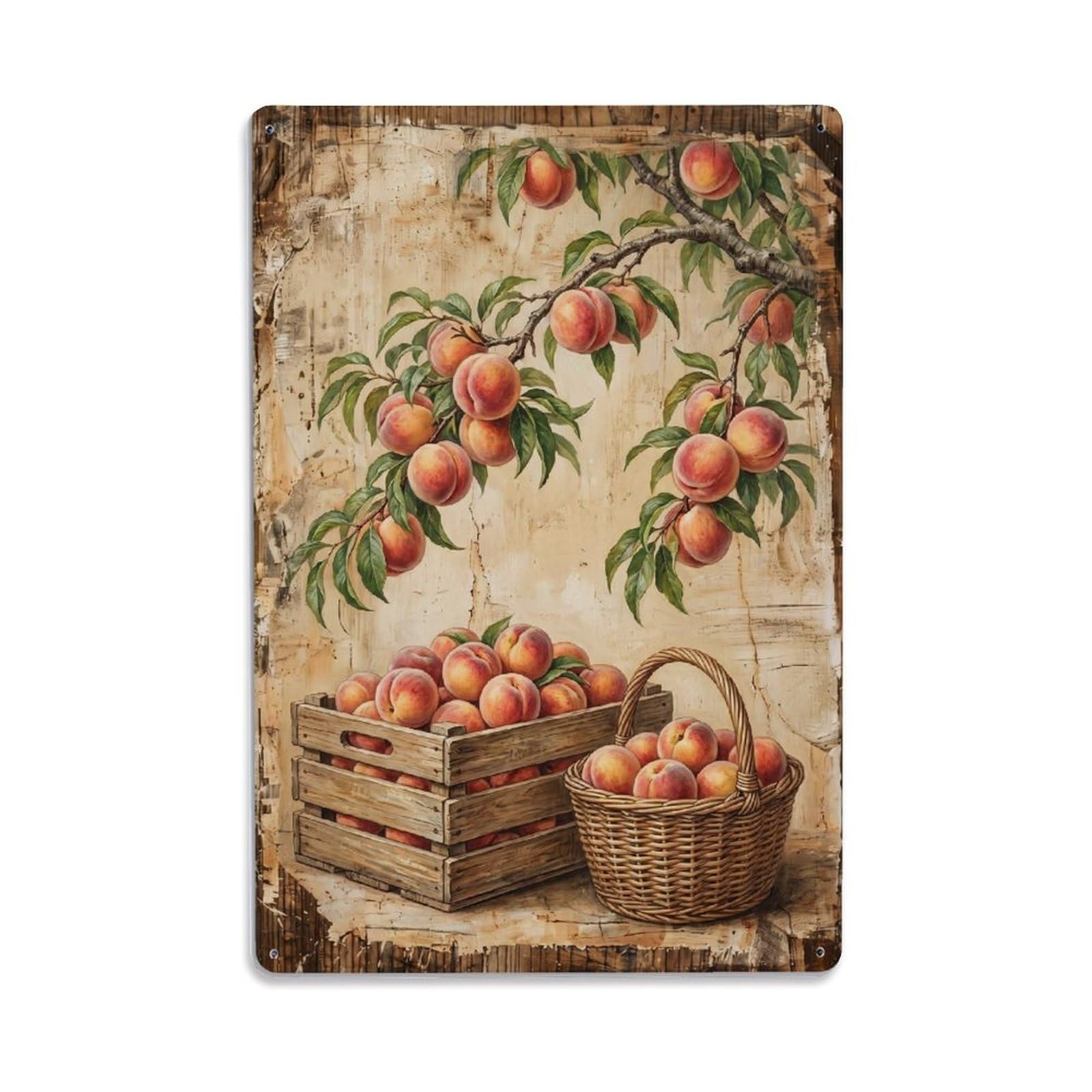 Peach Orchard Harvest Fresh Fruit Countryside Tree Vintage Metal Tin Sign Plaque Wall Decor for Cafe, Club, Garden Metal Poster 8x12Inch