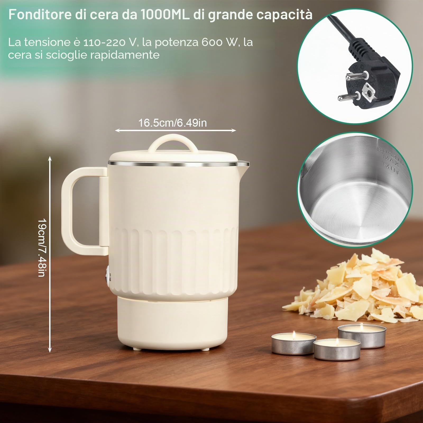 Roselee Sciogli Cera per Candele Elettrico Kit per Candele Fai da Te con Scalda Cera per Candele 1l/35oz,Termometro, 100 Stoppini, 100 Adesivi, 10 Porta Stoppini e Cucchiaio per Mescolare