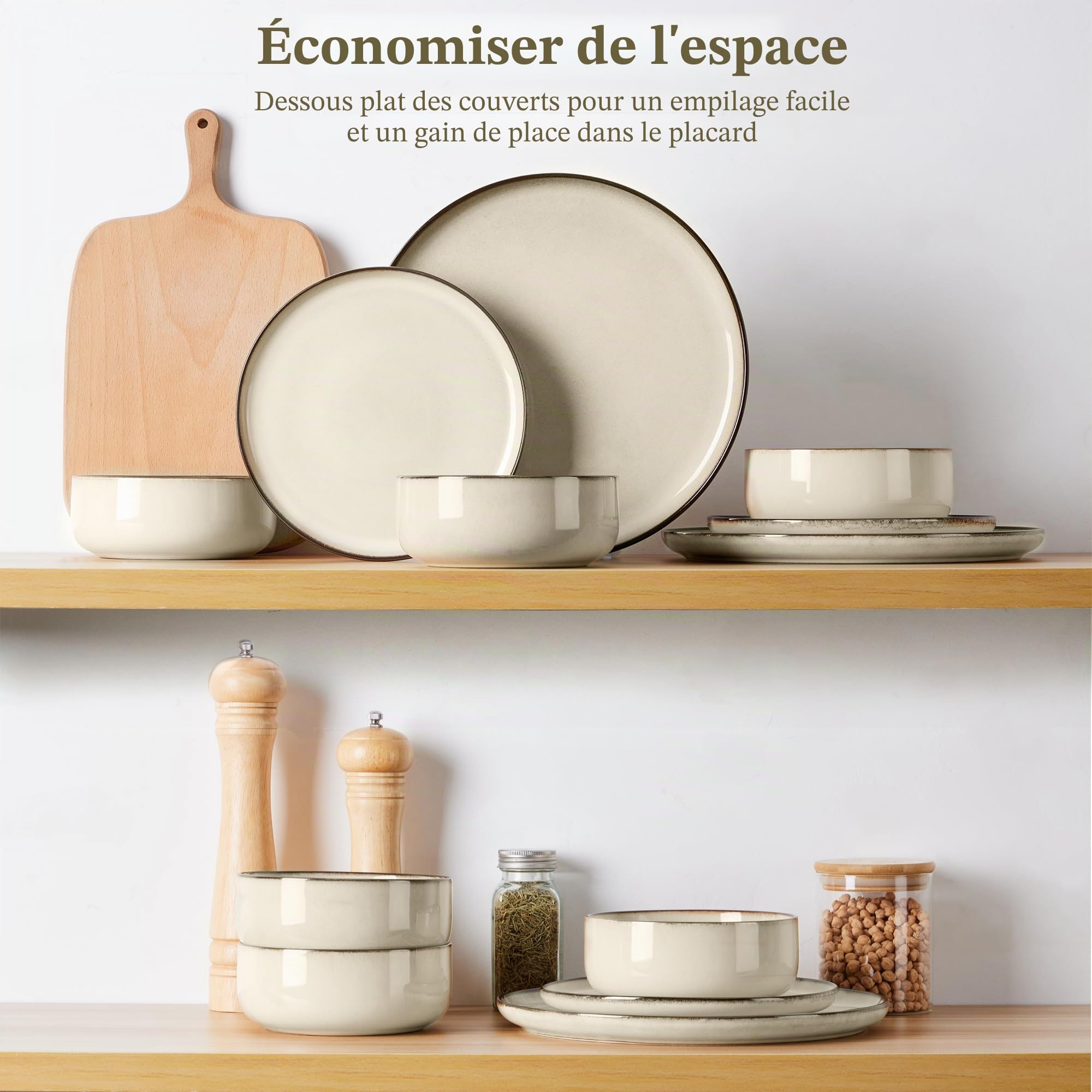 Joyfair Service de table pour 6 personnes, 18 pièces, en grès résistant, rayures, assiettes plates, dessert, bols céréales, micro-ondes, lave-vaisselle, kaki récif