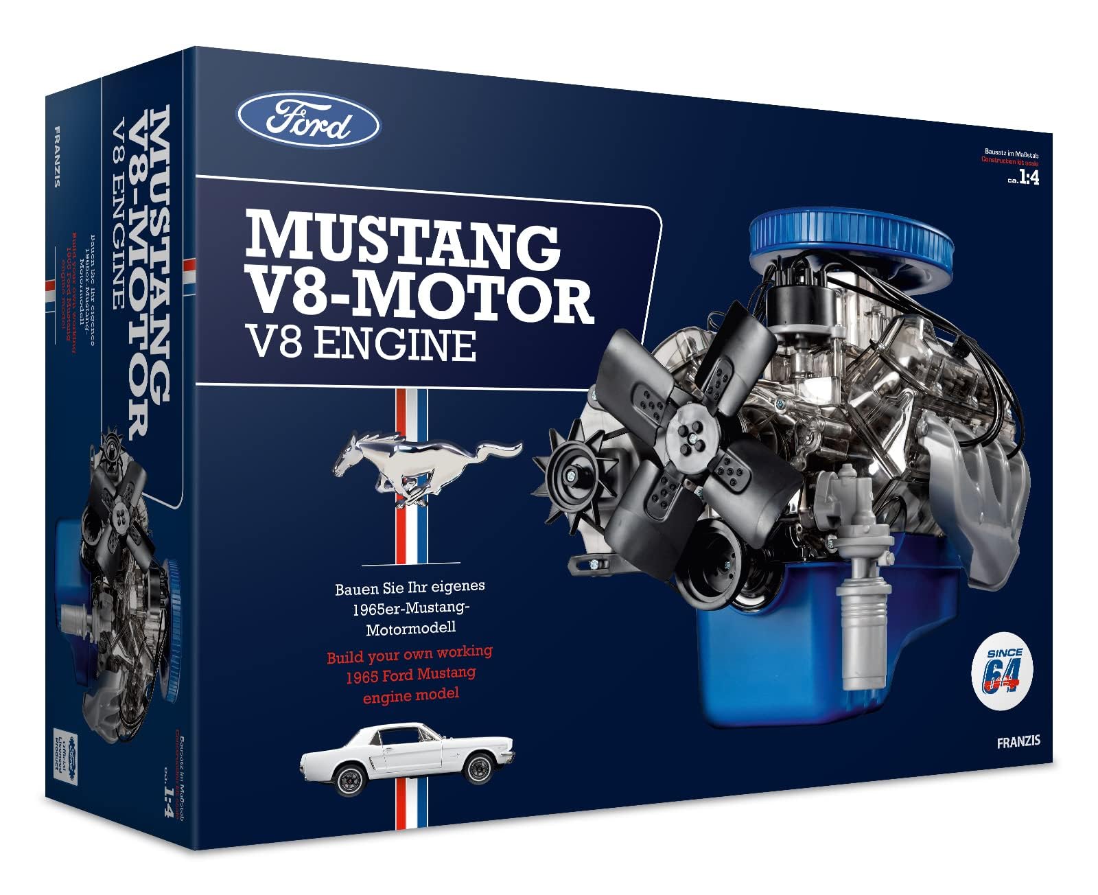 Franzis 67501 - Ford Mustang V8-Motor, originalgetreuer Motorbausatz im Maßstab 1:4, inkl. Soundmodul, Anleitung und 100-seitigem Begleitbuch, transparent