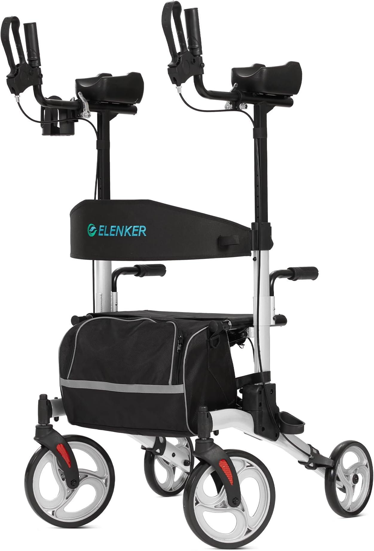 ELENKER Upright Walker, Stand Up Folding Rollator Walker with 10” Front Wheels Backrest Seat and Padded Armrests for Seniors and Adults, Silver