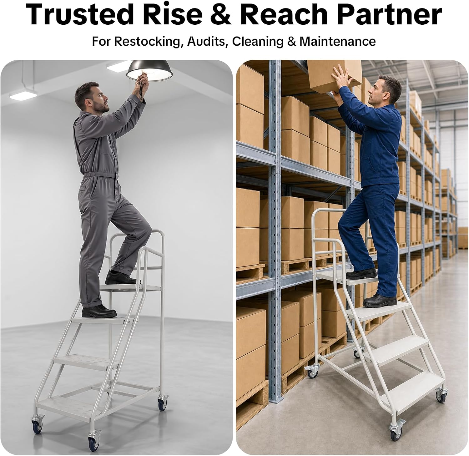 4 Step Rolling Ladder with Wheels, 881lbs Capacity Industrial & Warehouse Stairs with 4 Locking Casters and Anti-Slip Tread Heavy-Duty Ladder Rolling Safety Ladders for Warehouse, Library, and Home