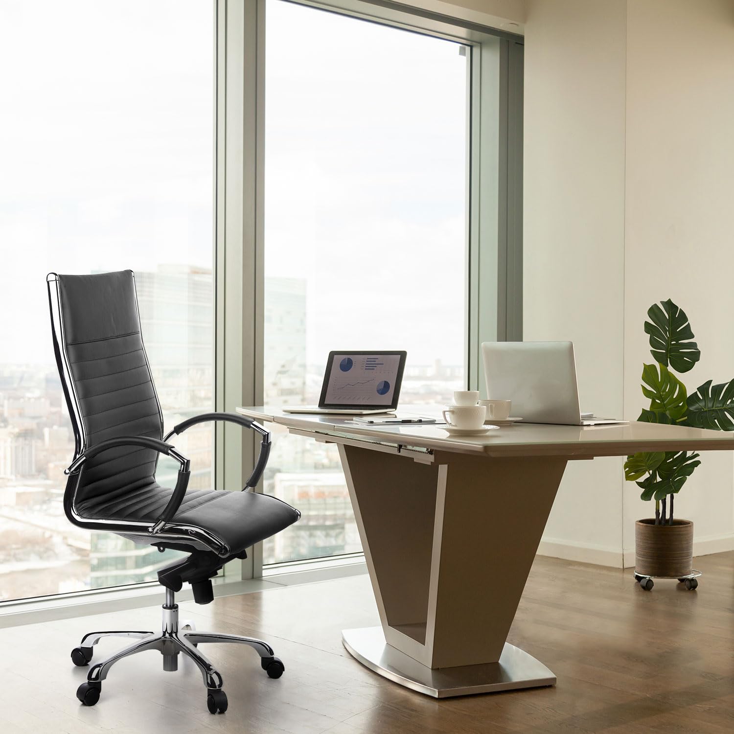 hjh OFFICE 660500 Profi Chefsessel Parma 20 Leder Schwarz Bürostuhl Drehstuhl, hohe Rückenlehne ergonomisch